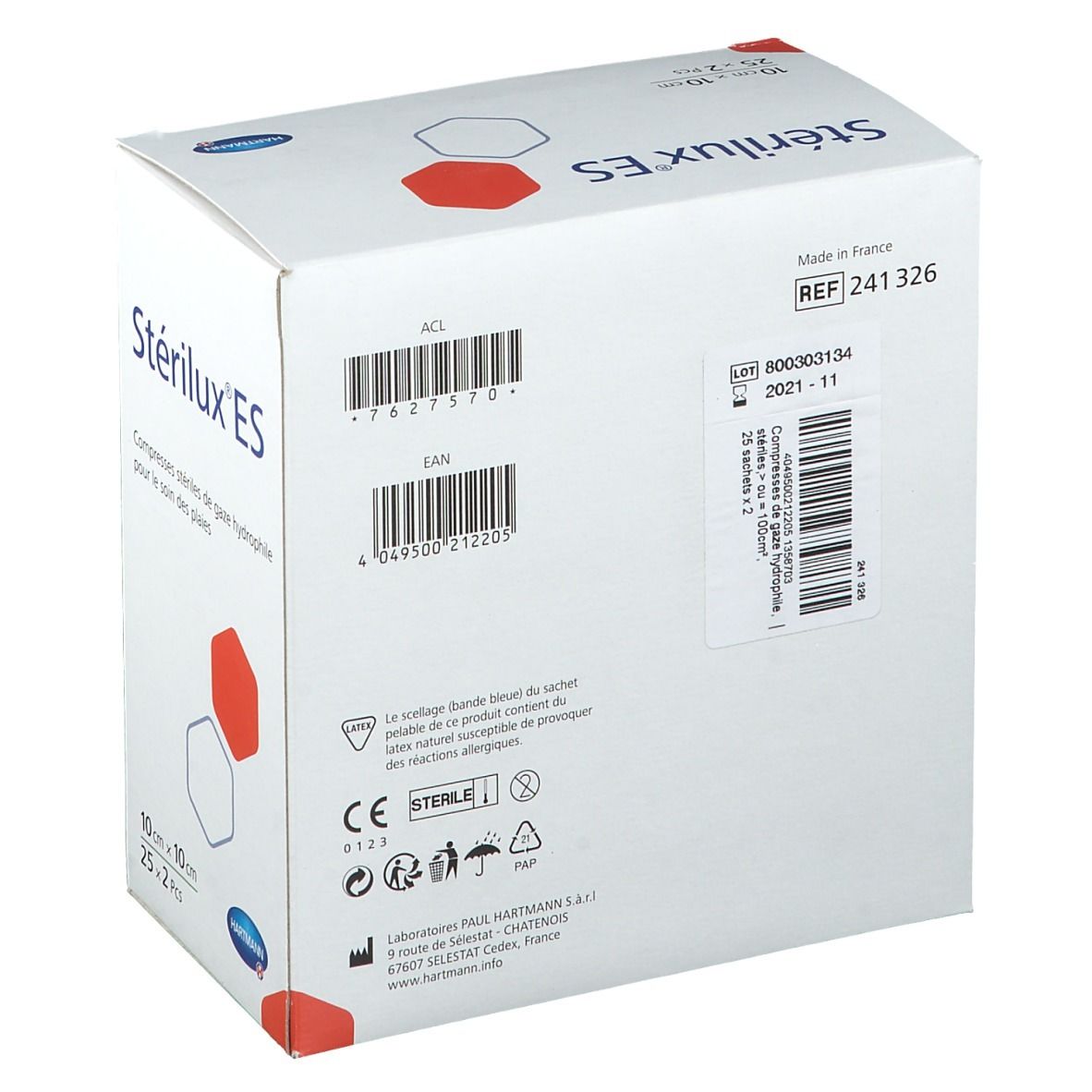 Dos de la boîte Stérilux® ES. Codes-barres, numéro de lot, date de péremption, informations fabricant et certifications.