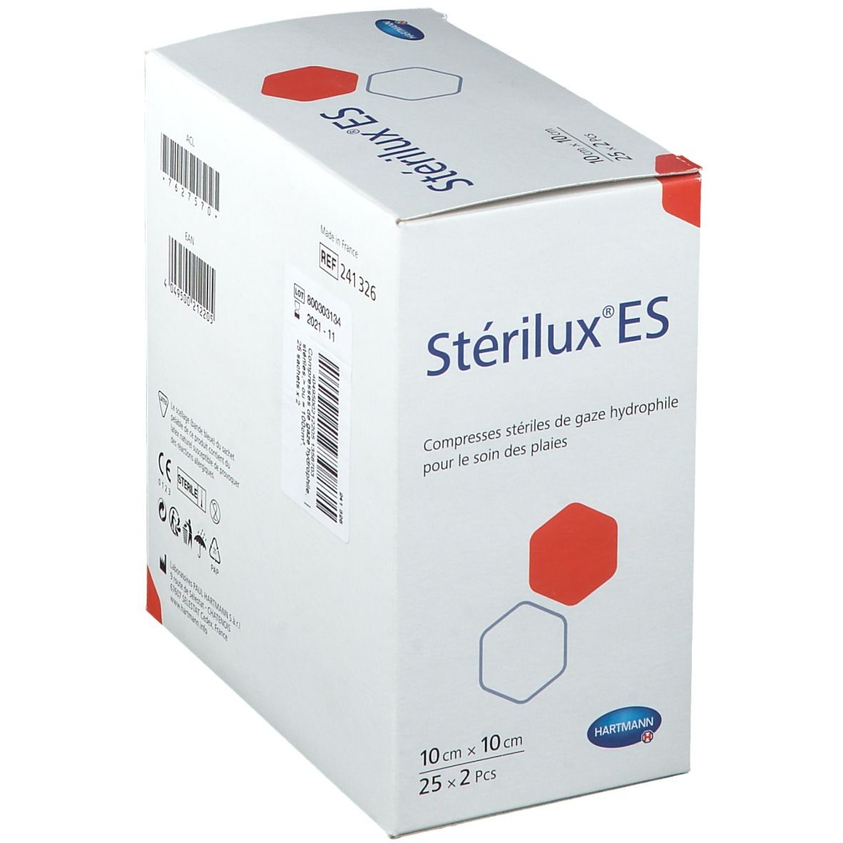 Boîte Stérilux® ES en perspective. Codes-barres, numéro de lot, date de péremption, informations fabricant et certifications.