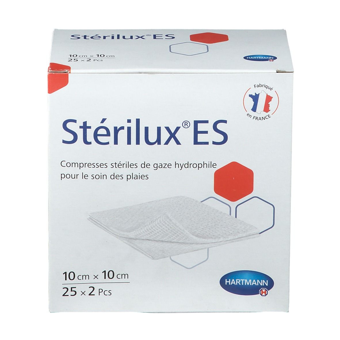Boîte de compresses Stérilux® ES. 10 x 10 cm, 25 x 2 pièces. Nom, taille, marque Hartmann et compresses visibles.