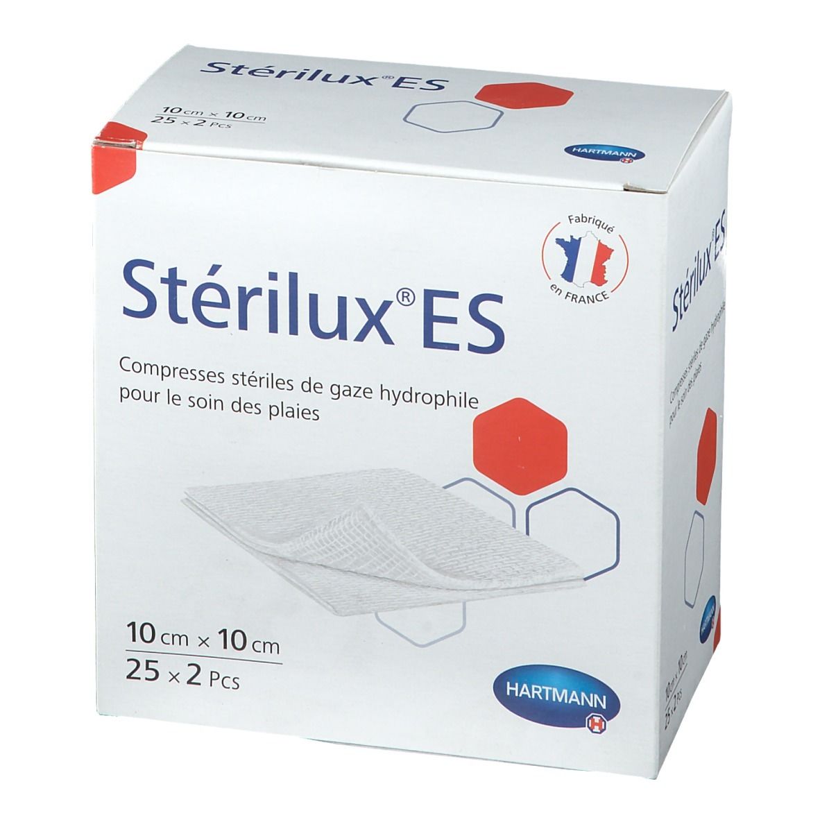 Boîte de compresses Stérilux® ES. 10 x 10 cm, 25 x 2 pièces. Nom, taille, marque Hartmann et compresses visibles.
