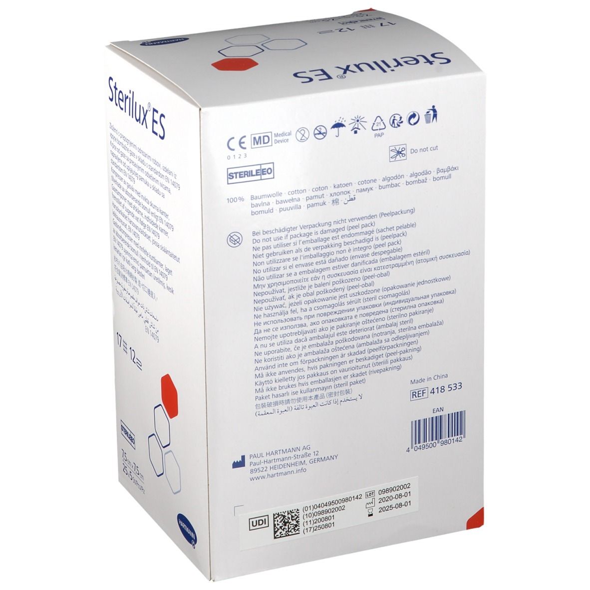 Hartmann Stérilux® ES Compresses de gaze hydrophile 7,5 x 7,5 cm