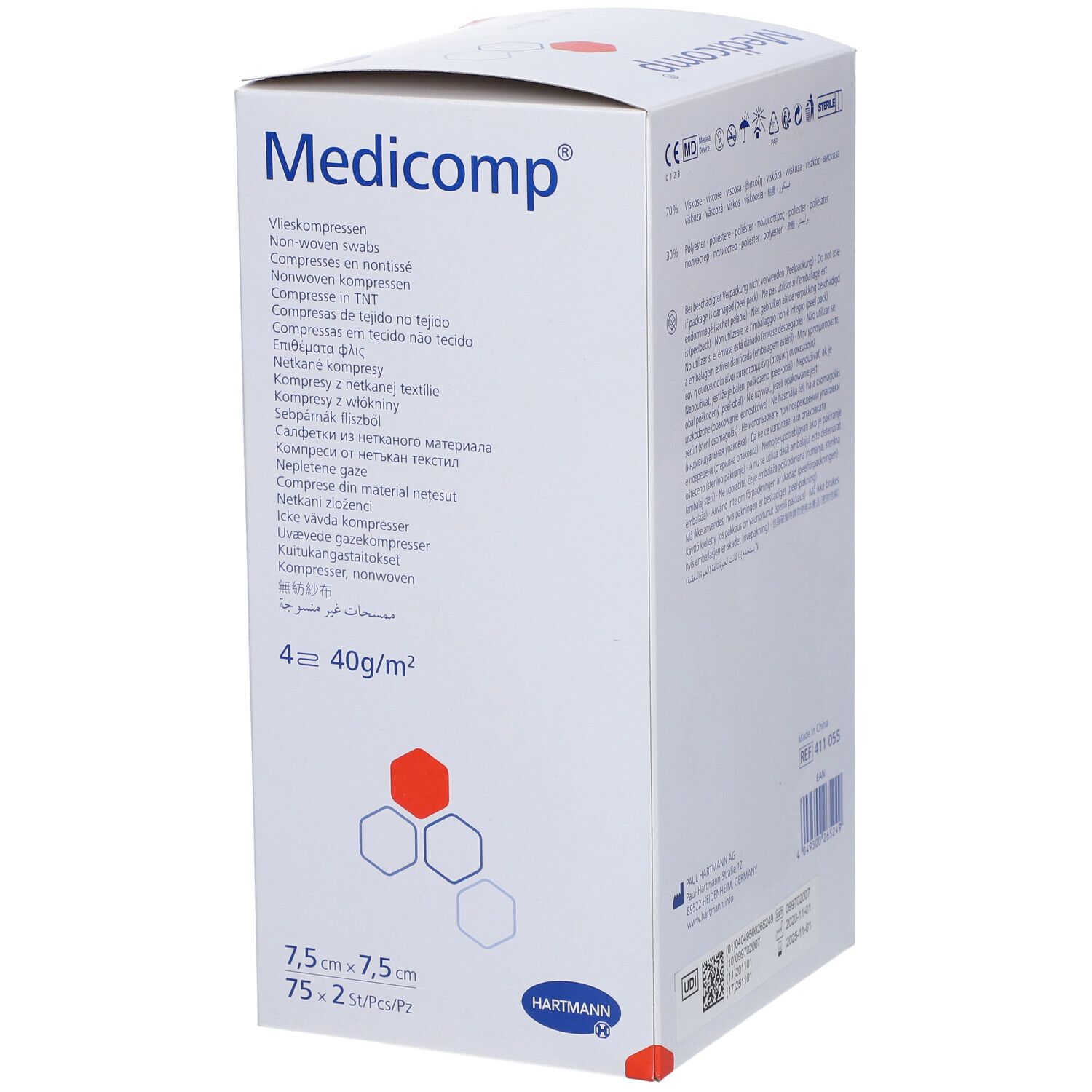 Boîte de compresses Medicomp. Dimensions 7,5 x 7,5 cm. Logo Hartmann. Inscriptions multilingues.
