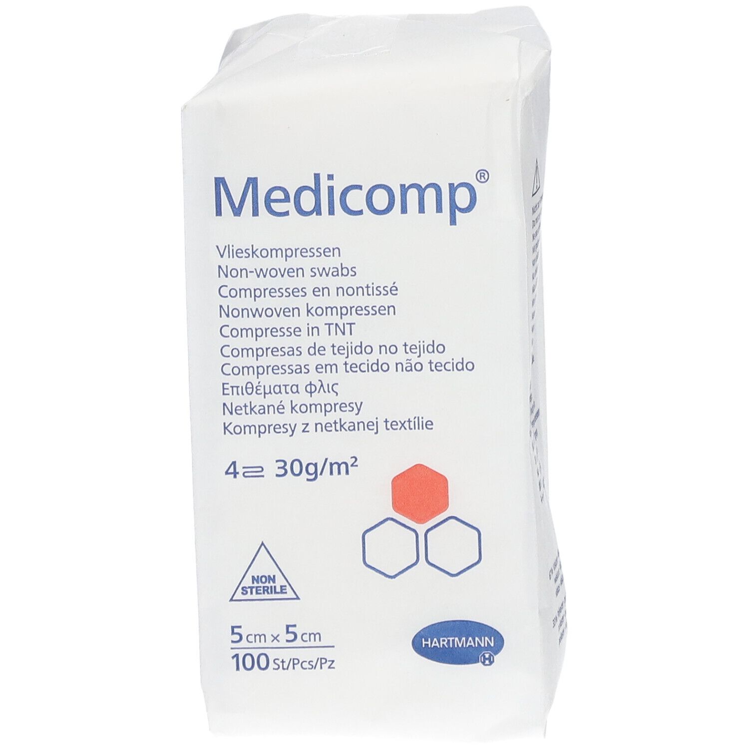 Hartmann Medicomp compresses non-tissées, 5x5 cm, 100 pièces, non stériles.