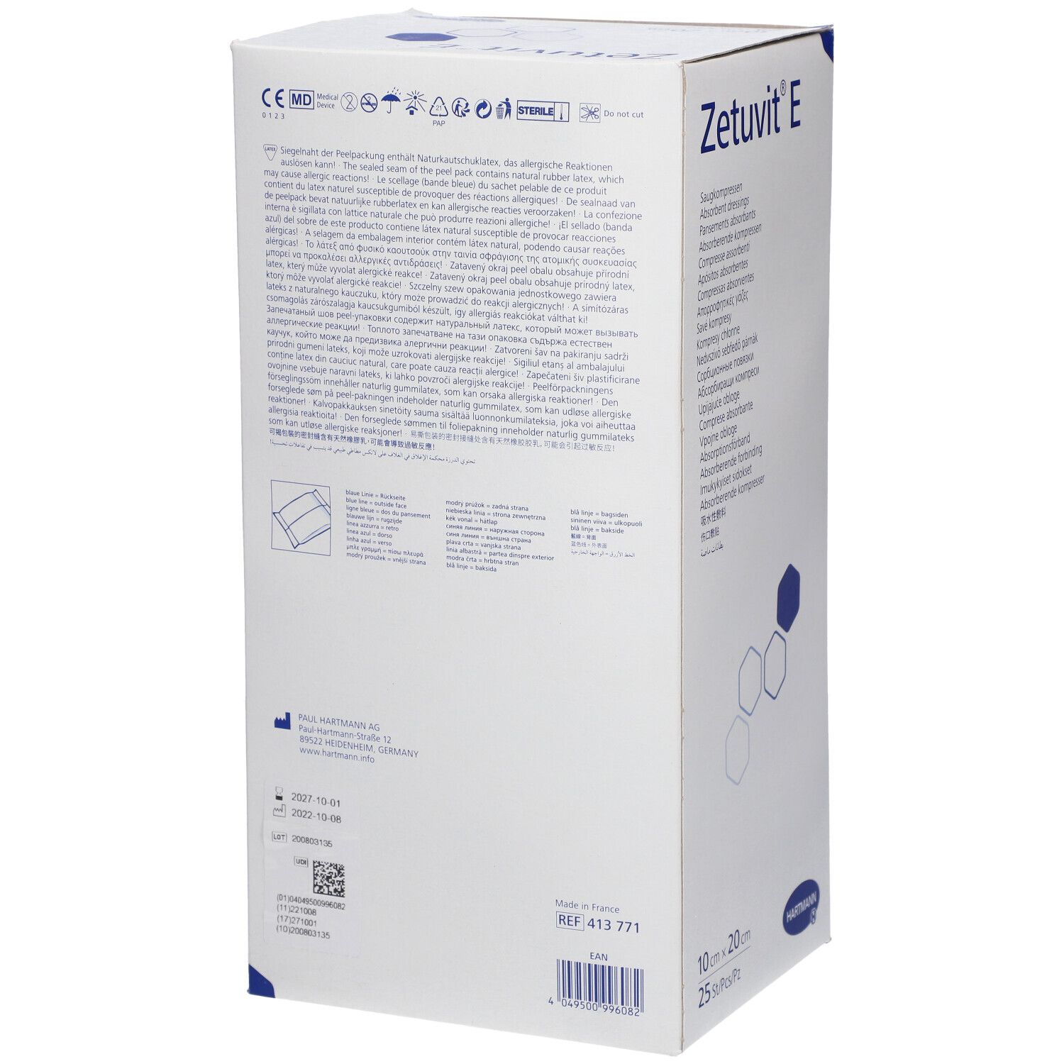 Hartmann Zetuvit E : Arrière de la boîte avec informations produit et marquage CE.