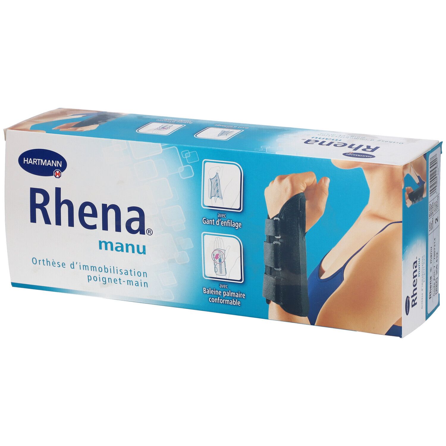 Boîte de l'orthèse de poignet Rhena manu. Présente le produit et des illustrations.