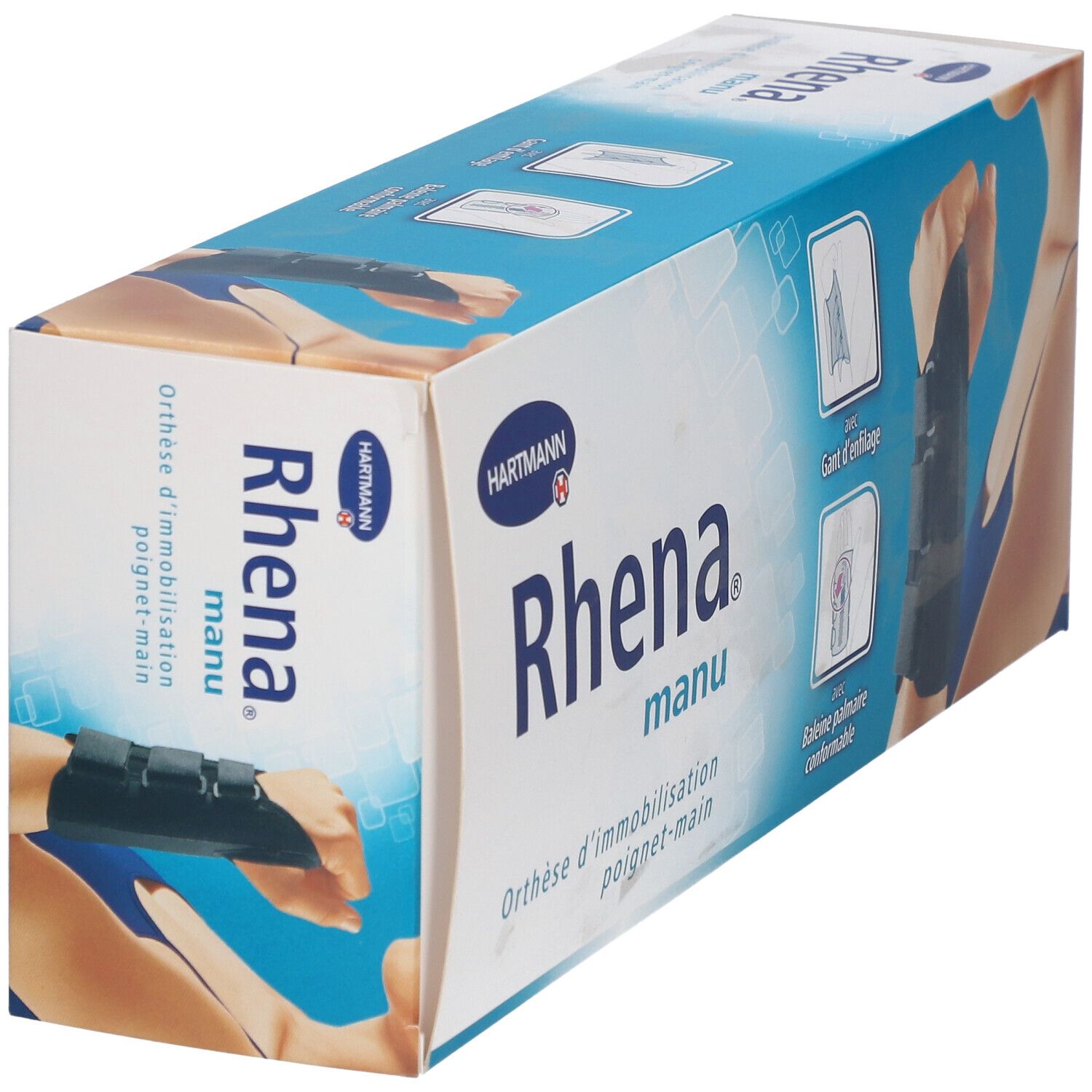 Boîte de l'orthèse de poignet Rhena manu. Présente le produit et des illustrations.