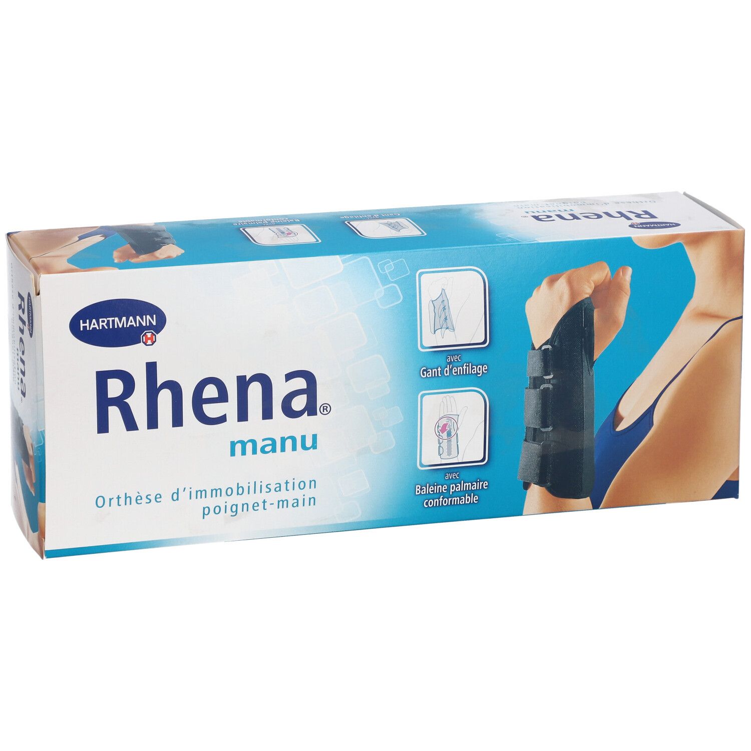 Boîte de l'orthèse de poignet Rhena manu. Présente le produit et des illustrations.