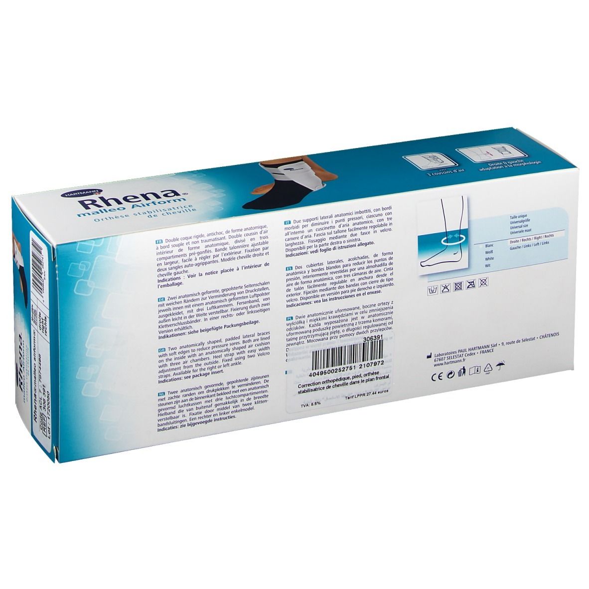 Dos de la boîte Rhena malleo Airform. Texte multilingue, informations sur le produit et code-barres.