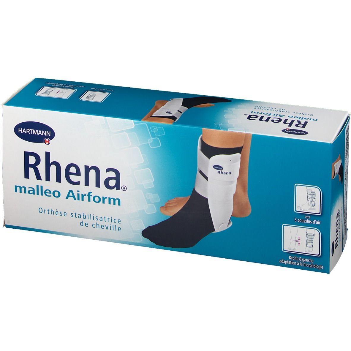 Boîte Rhena malleo Airform. Boîte bleue et blanche avec image du produit et nom. Contient une orthèse de cheville.