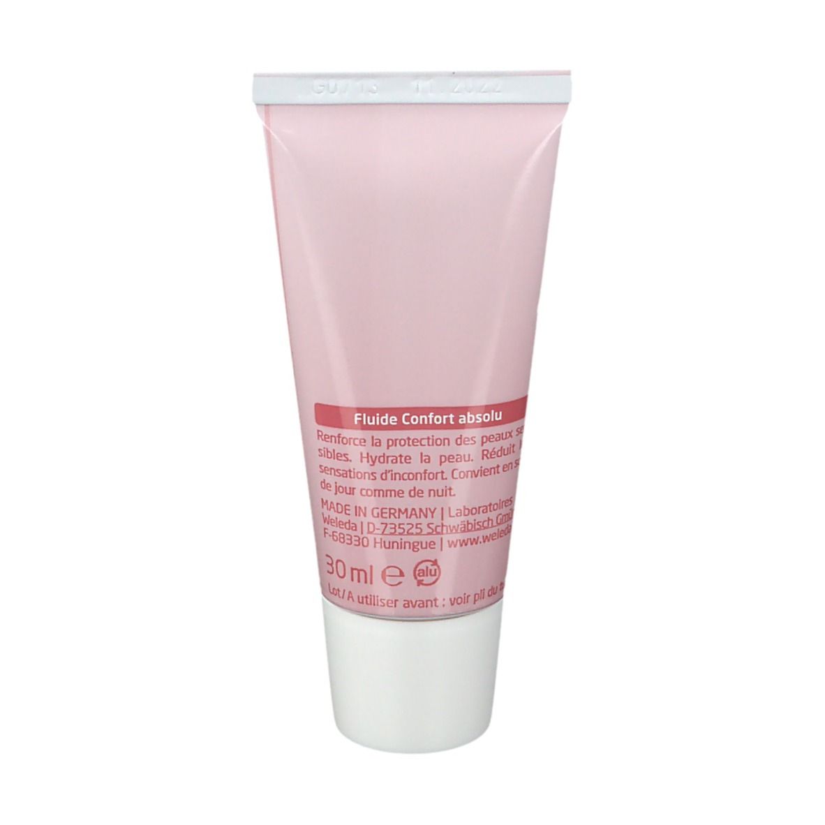 Dos du tube. Texte : Fluide Confort absolu. 30 ml. Fabriqué en Allemagne. Date de péremption.