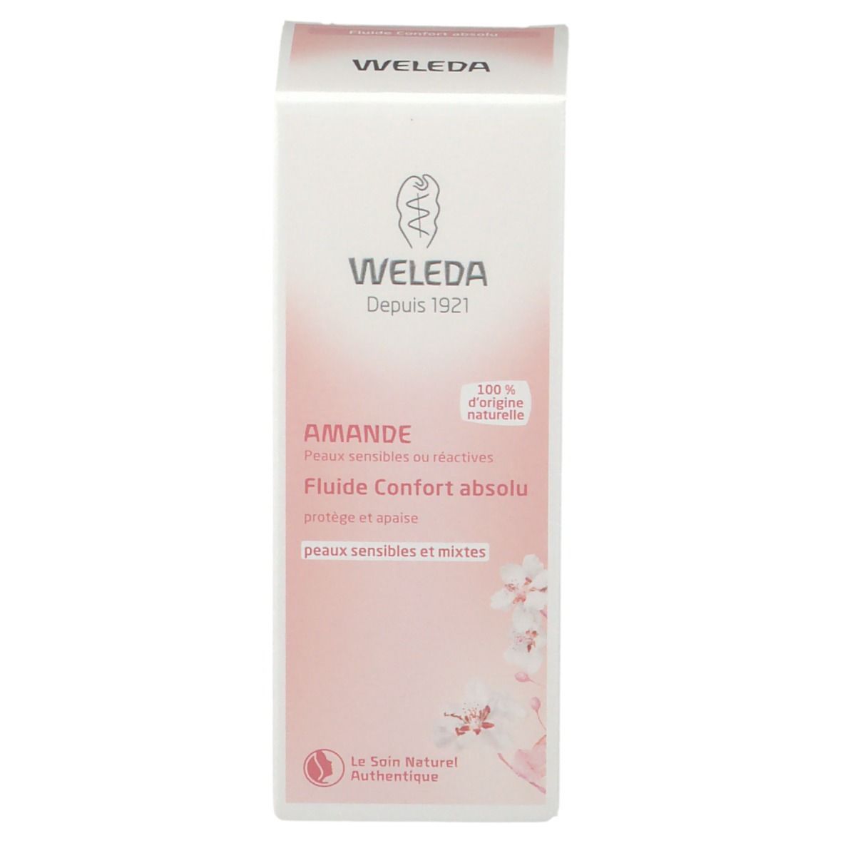 Emballage carton. Inscription : Weleda, Amande, Fluide Confort absolu. Pour peaux sensibles. Ingrédients 100% naturels.