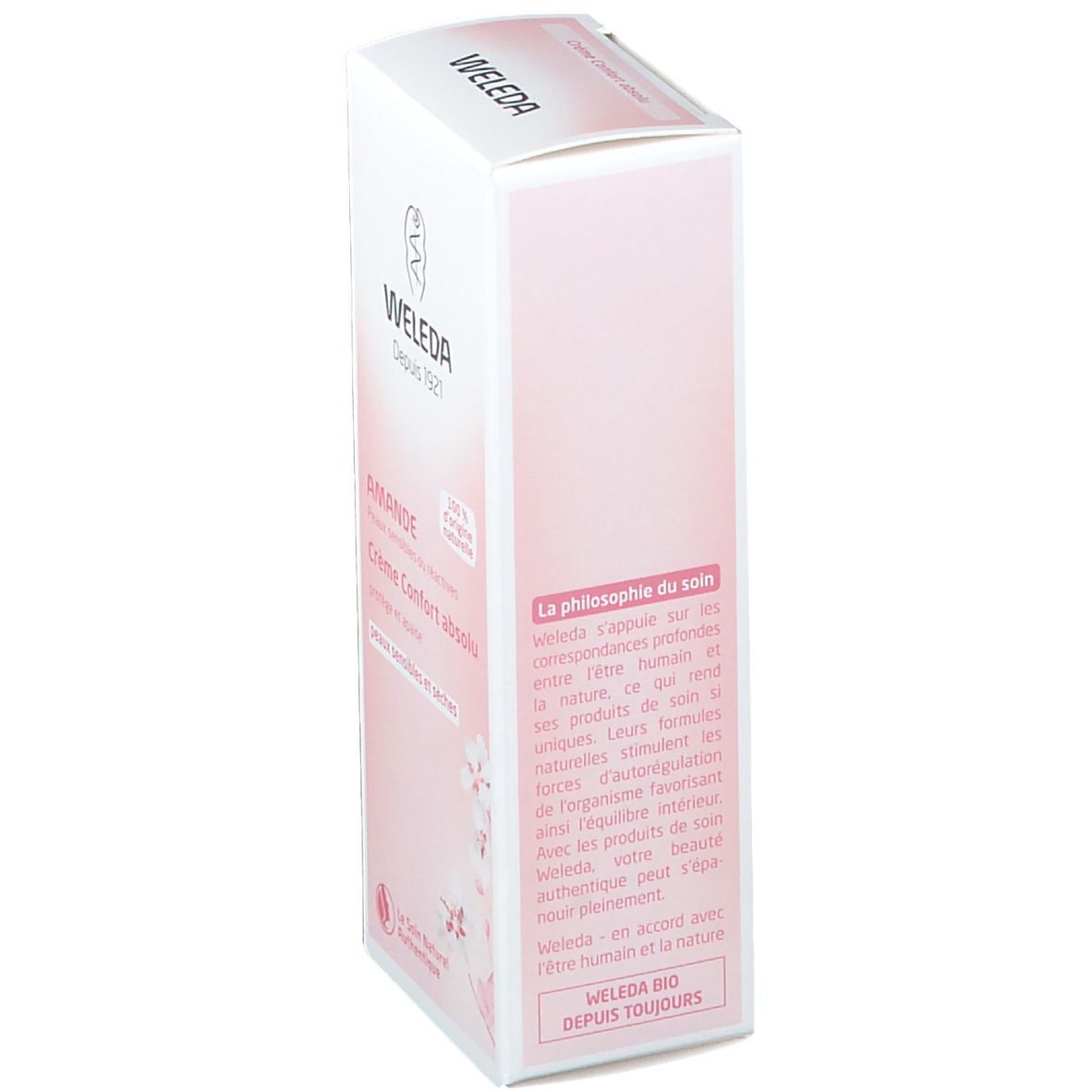 Boîte Weleda Crème Confort absolu, vue latérale. Texte: La philosophie du soin, Weleda Bio, Depuis toujours.