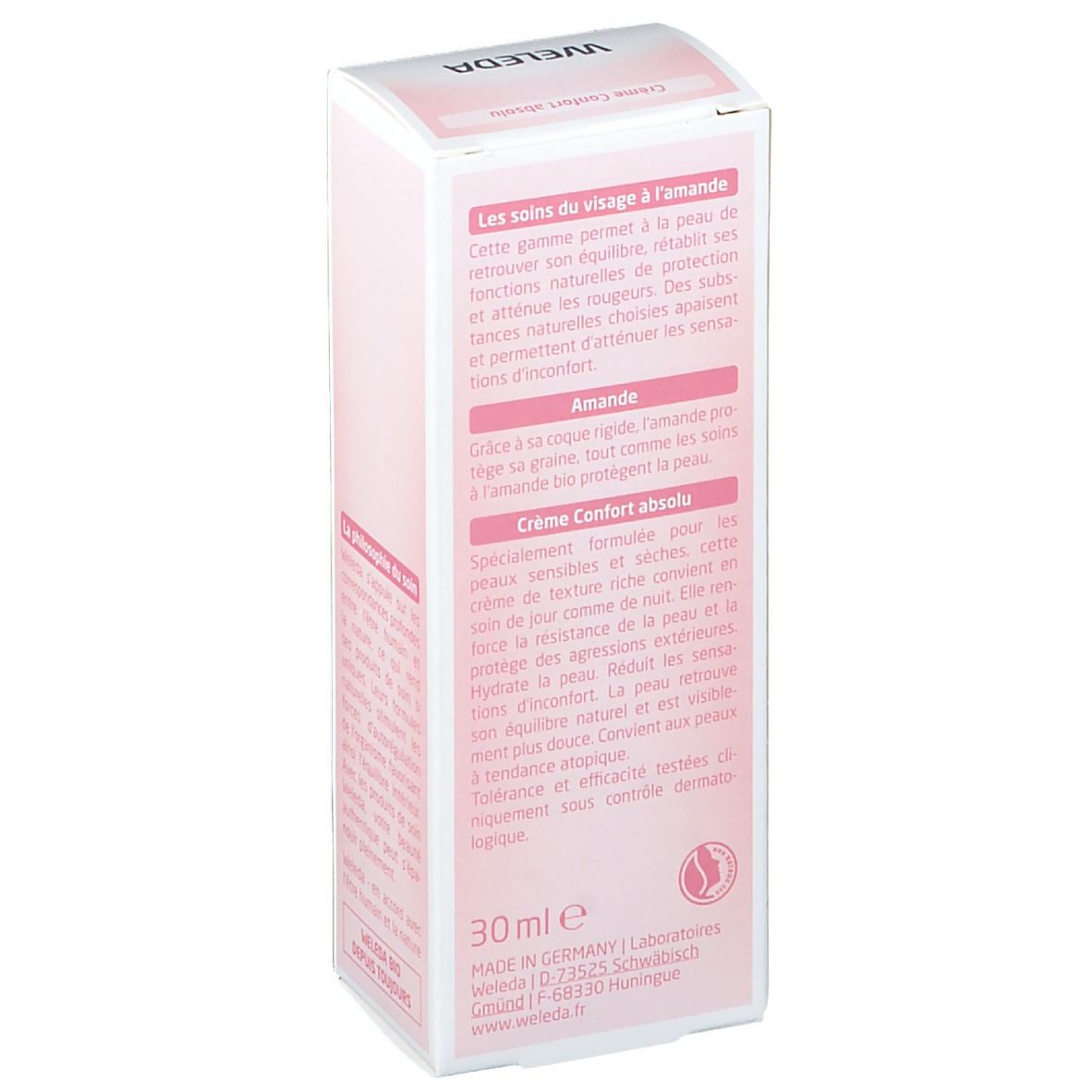Boîte Weleda Crème Confort absolu, dos. Texte: Crème Confort absolu, 30 ml, Made in Germany.
