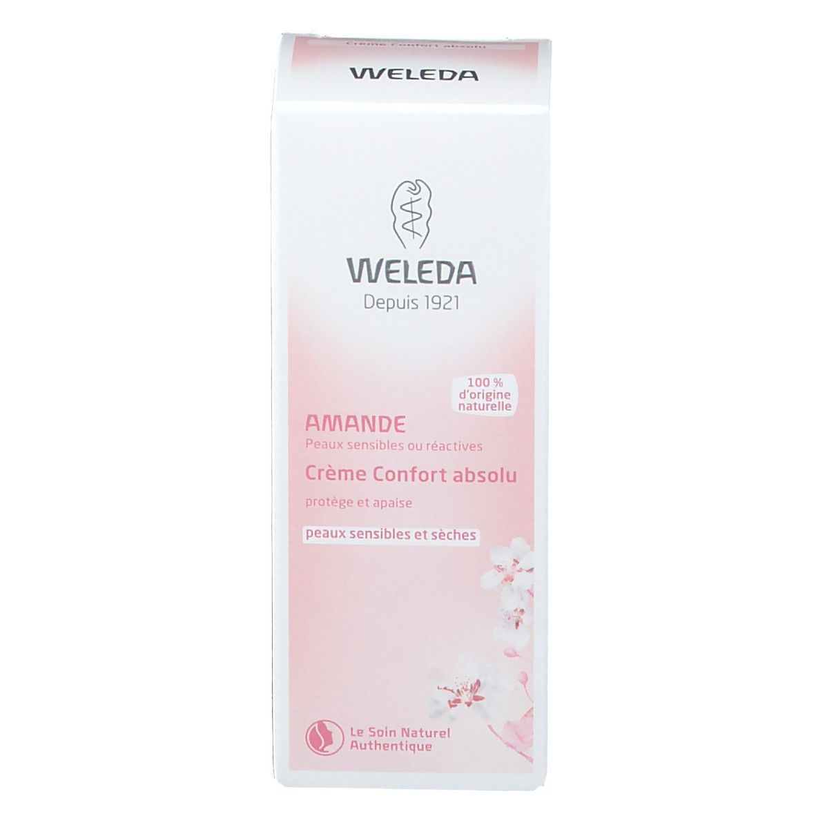 Boîte Weleda Crème Confort absolu, vue de face. Texte: Crème Confort absolu, peaux sensibles et sèches.