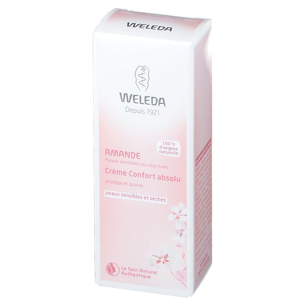 Boîte Weleda Crème Confort absolu, vue. Texte: Crème Confort absolu, peaux sensibles et sèches.