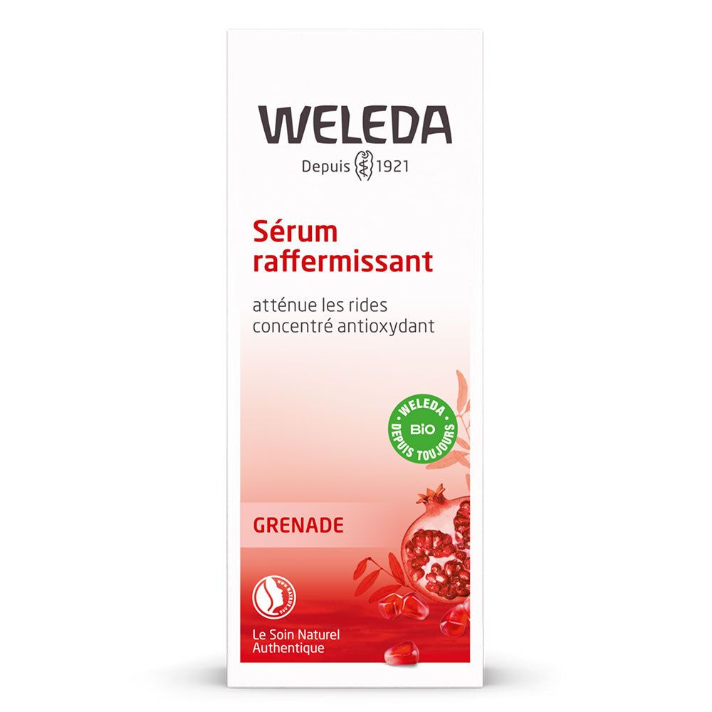 Emballage Weleda. Blanc, dégradé rouge, informations produit. Illustration de grenade et texte.
