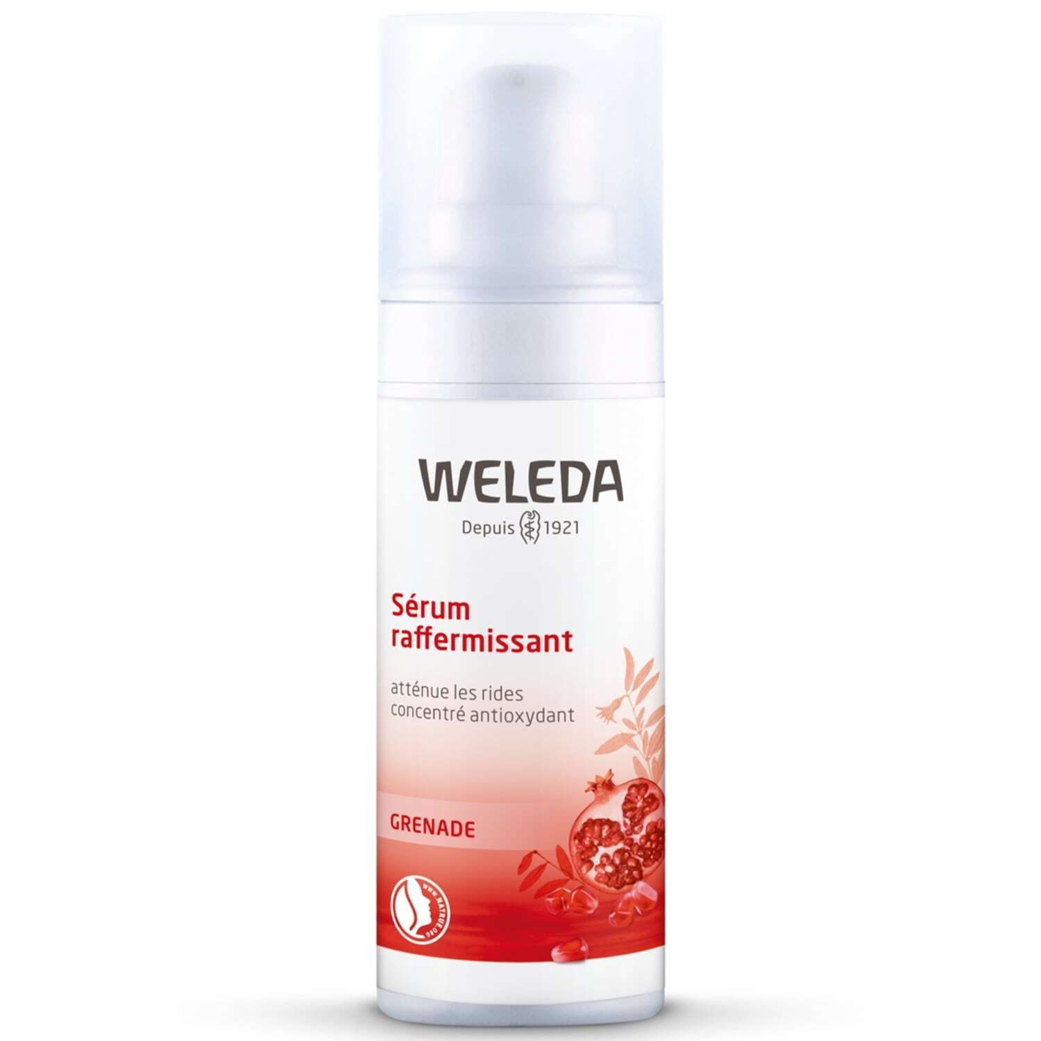 Flacon de sérum Weleda avec pompe. Blanc, informations produit, illustration grenade.