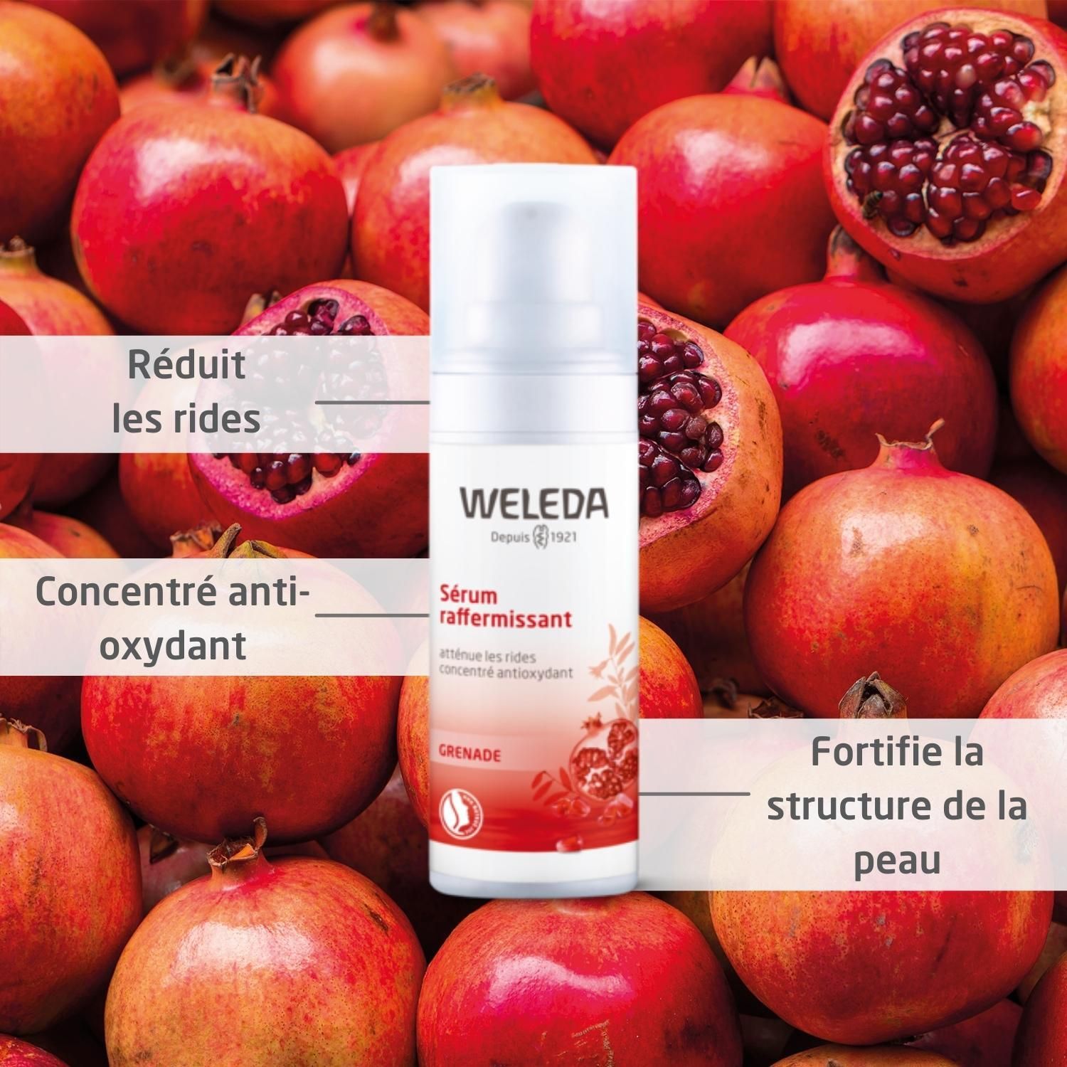 Flacon de sérum Weleda devant grenades. Informations produit et texte. Grenades en arrière-plan.
