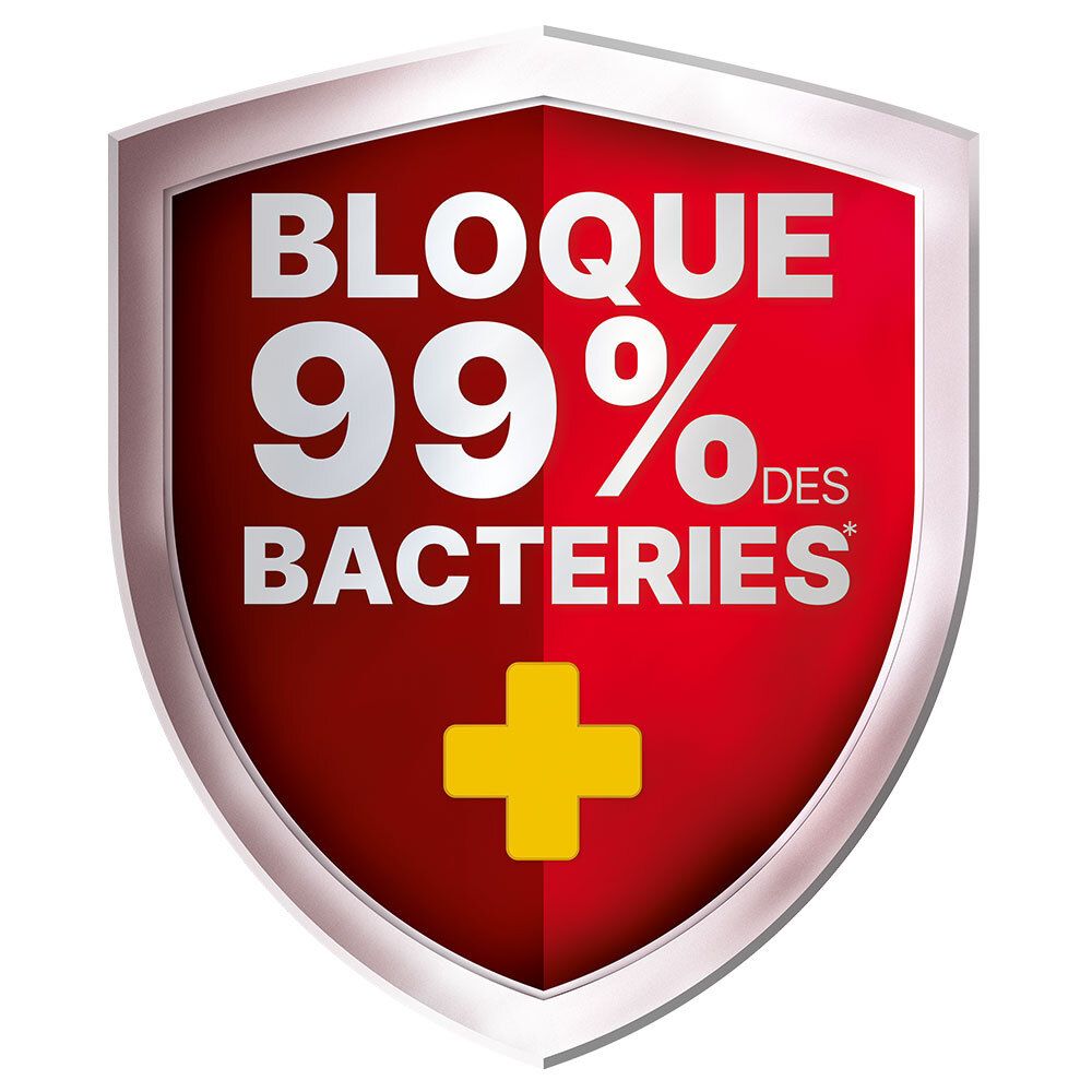 Écusson rouge avec texte: BLOQUE 99% DES BACTERIES. Croix jaune au centre.
