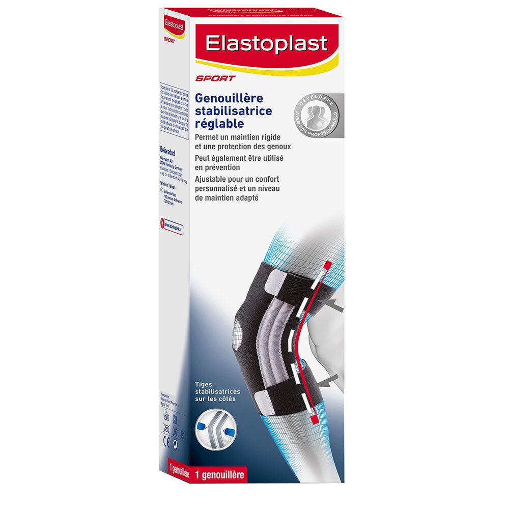 Boîte Elastoplast. Genouillère stabilisatrice réglable. Texte sur l'emballage. Image du produit avec jambe. 1 genouillère.