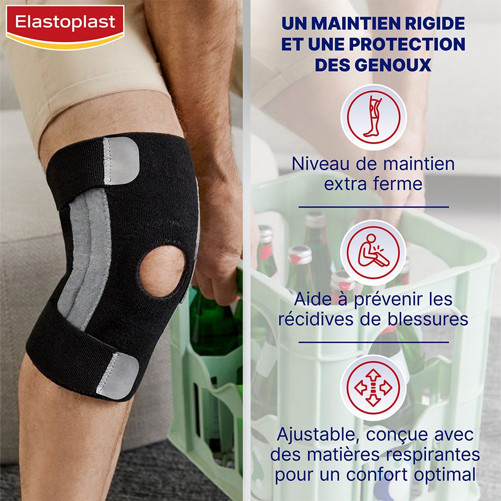 Genouillère noire sur une jambe. Renfort gris. Personne assise. Texte: Un maintien rigide et une protection des genoux.