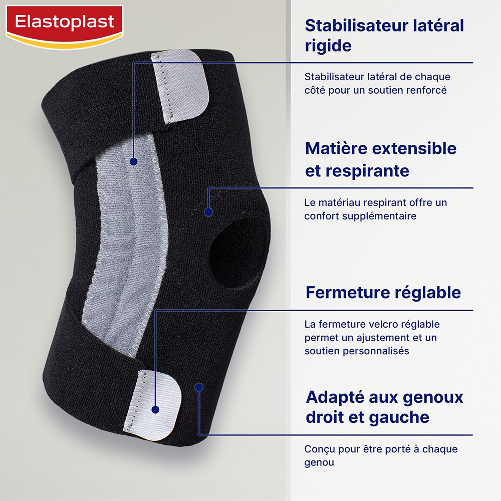 Genouillère noire. Renfort gris. Fermetures réglables. Texte: Stabilisateur latéral rigide, Matière extensible et respirante.