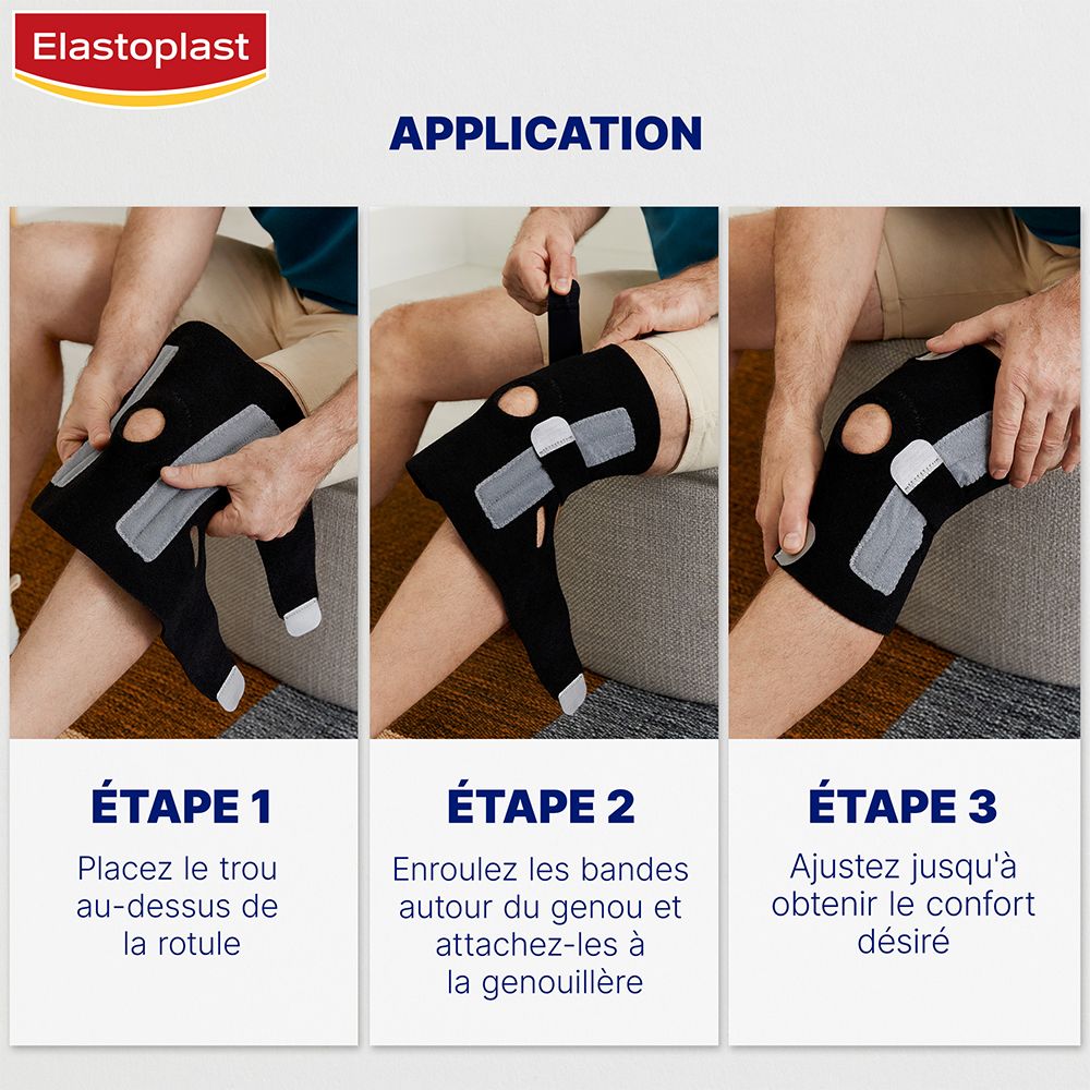 Trois images montrent l'application de la genouillère. Étape 1-3. Texte: ÉTAPE 1, ÉTAPE 2, ÉTAPE 3. Personne portant la genouillère.