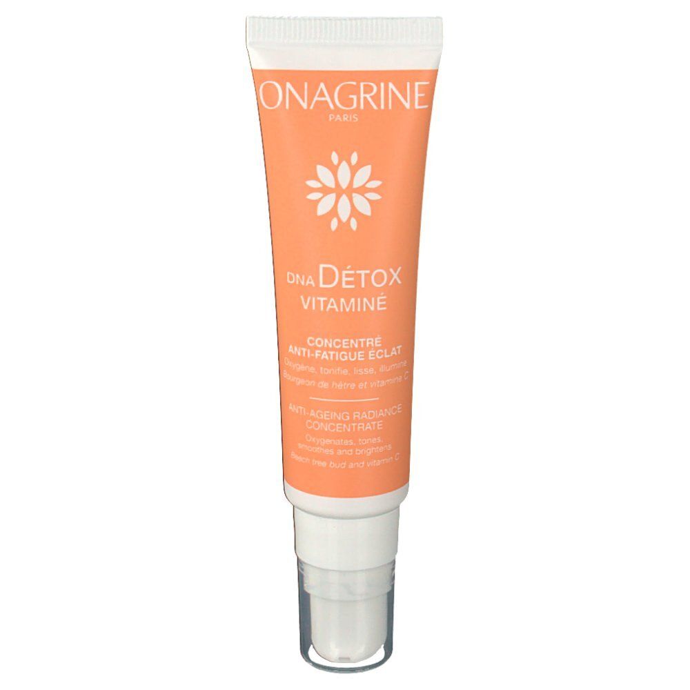 Tube orange avec bouchon blanc. Inscription: Onagrine, DNA Detox Vitamine, Anti-Fatigue Eclat.