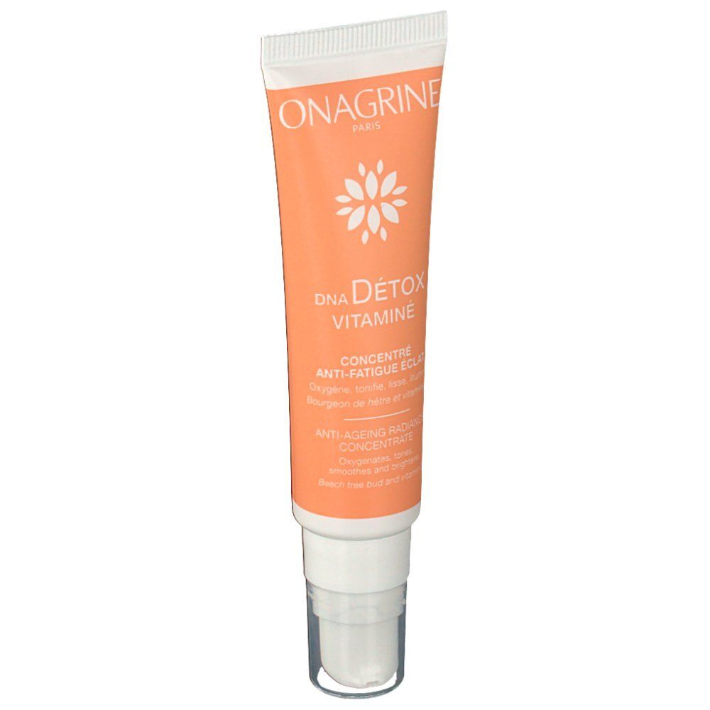 Tube orange avec bouchon blanc. Inscription: Onagrine, DNA Detox Vitamine, Anti-Fatigue Eclat.