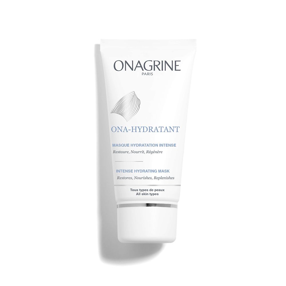 Tube blanc avec logo et nom du produit. Texte: Ona-hydratant, Masque Hydratation Intense. Pour tous types de peaux.