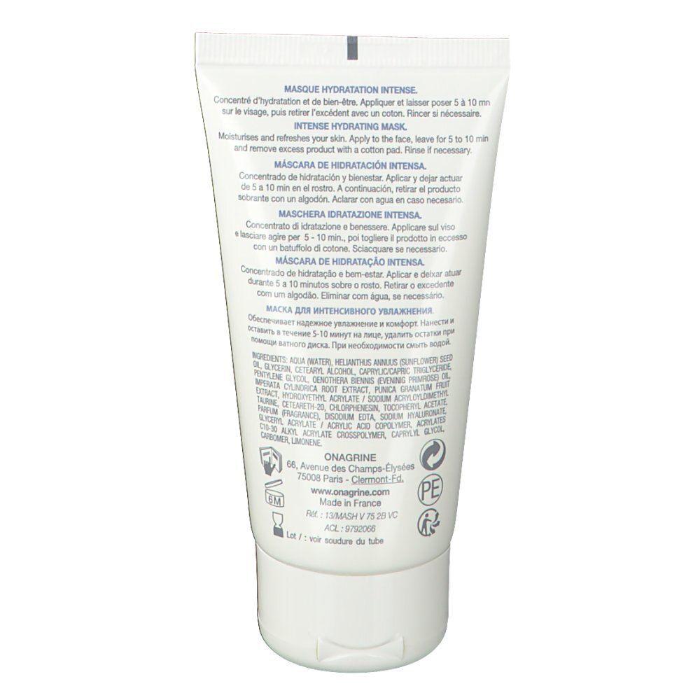 Dos du tube blanc. Texte multilingue: instructions d'utilisation, ingrédients, informations fabricant.