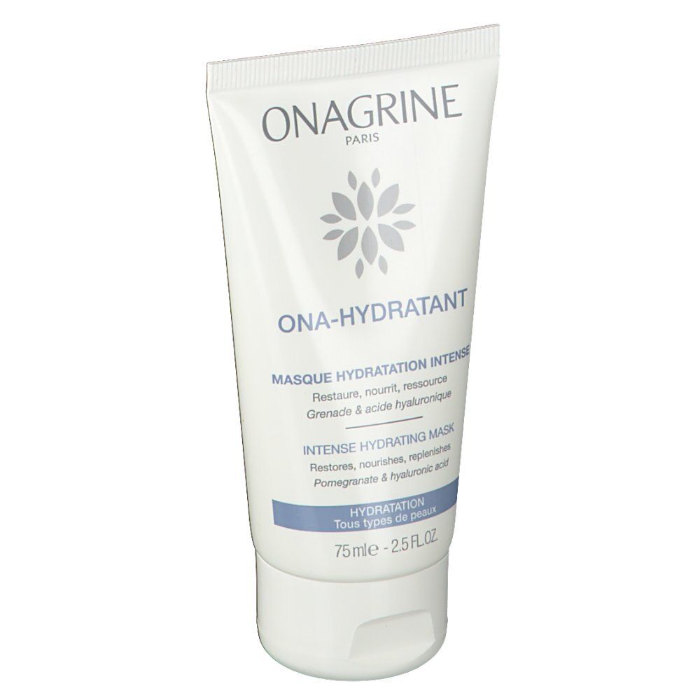 Tube blanc avec logo et nom du produit. Texte: Ona-hydratant, Masque Hydratation Intense. Pour tous types de peaux. 75ml.