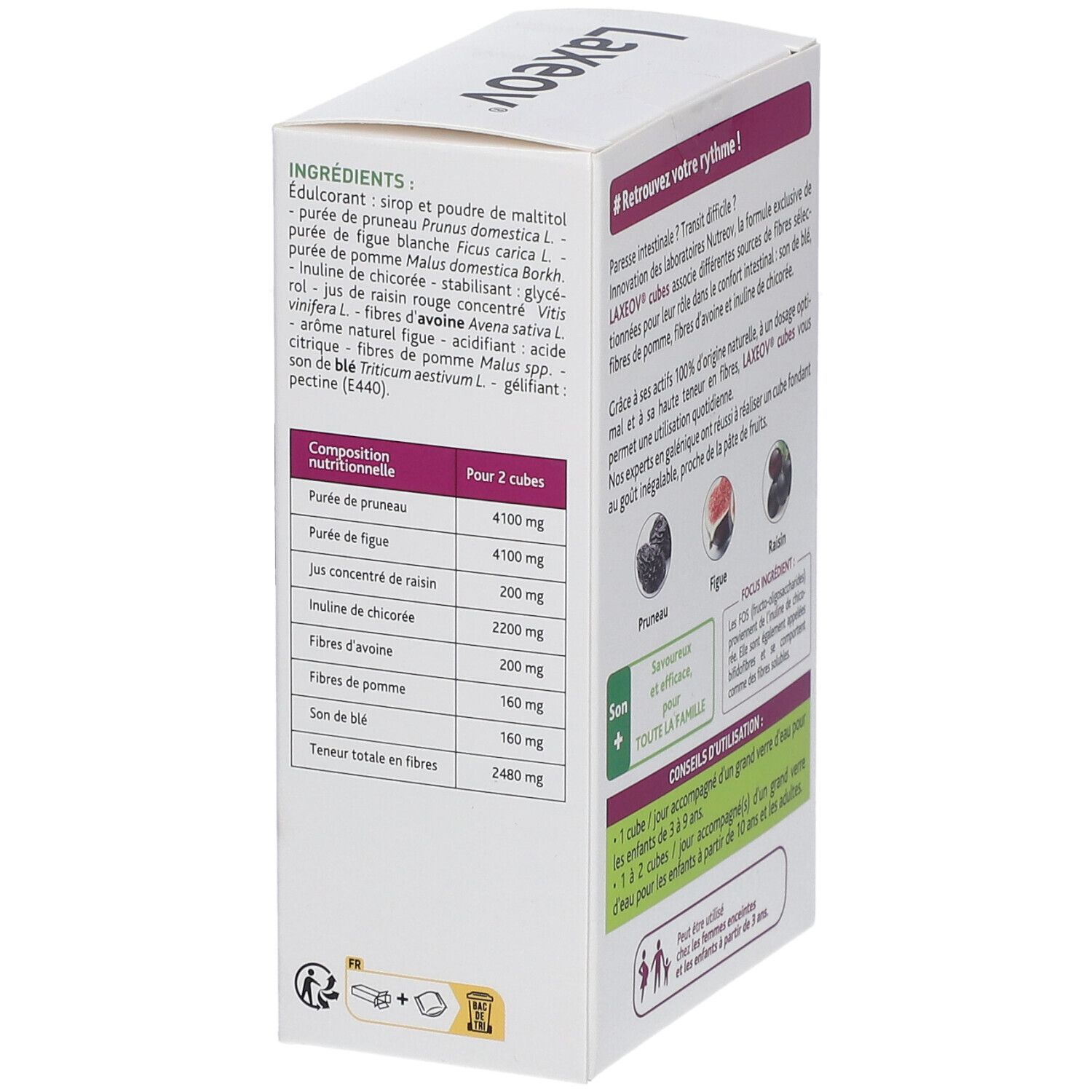 Dos de la boîte avec ingrédients et informations nutritionnelles. Conseils d'utilisation.