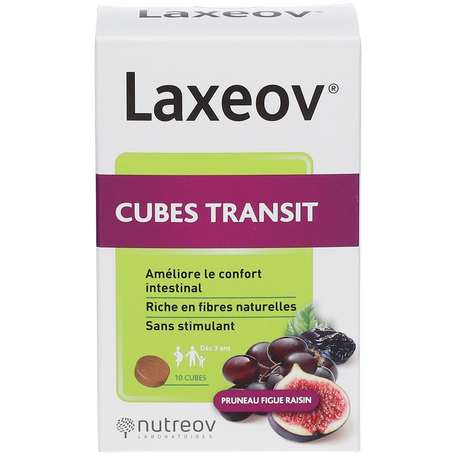 Boîte blanche Laxeov Cubes Transit. Illustration de fruits. Contient 10 cubes. Dès 3 ans.