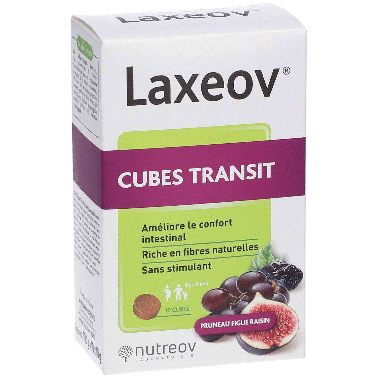 Boîte blanche Laxeov Cubes Transit. Illustration de fruits. Contient 10 cubes. Dès 3 ans.