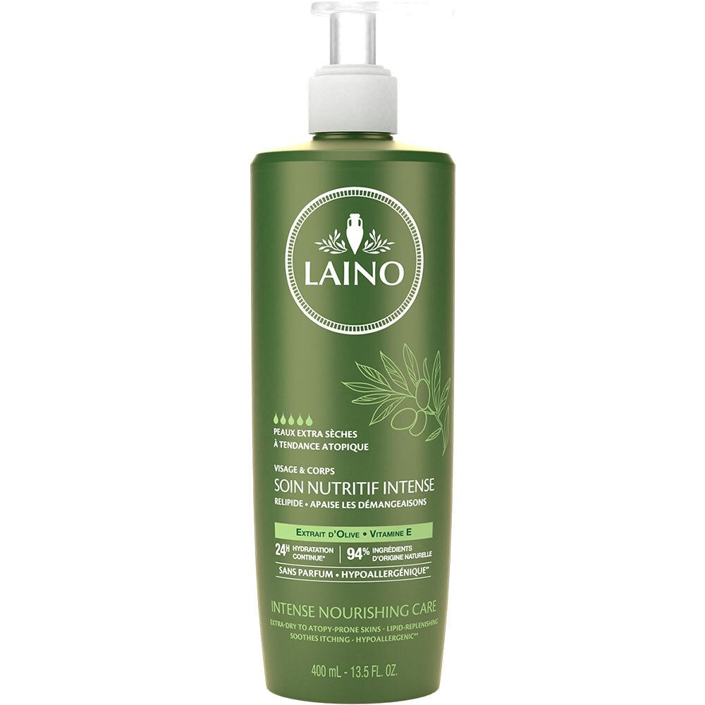Flacon vert avec pompe. Inscription: Laino, Soin Nutritif Intense. Pour peaux sèches. 400 ml.