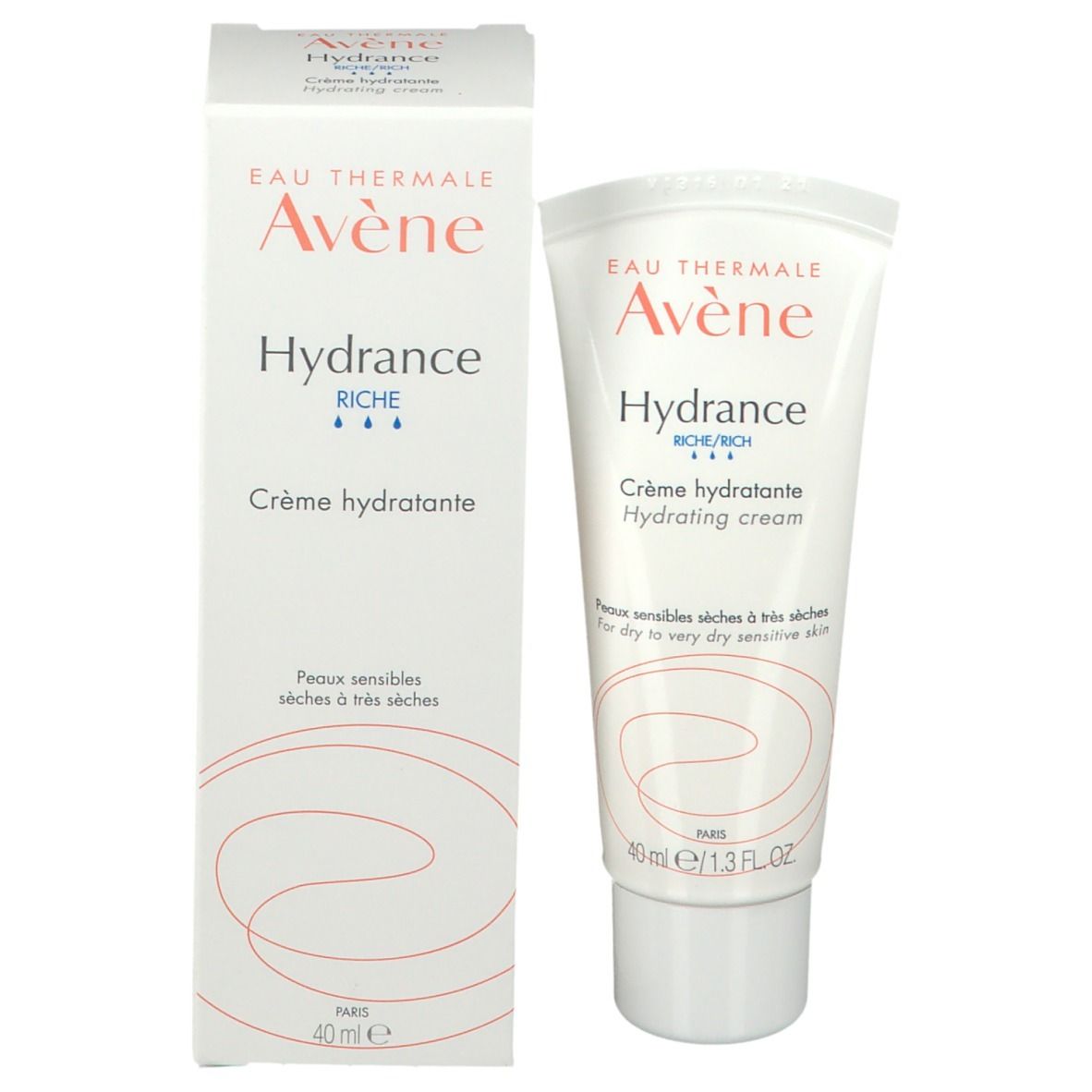 Avene Hydrance Rich crème et boîte. Tube et boîte avec informations produit. 40 ml.