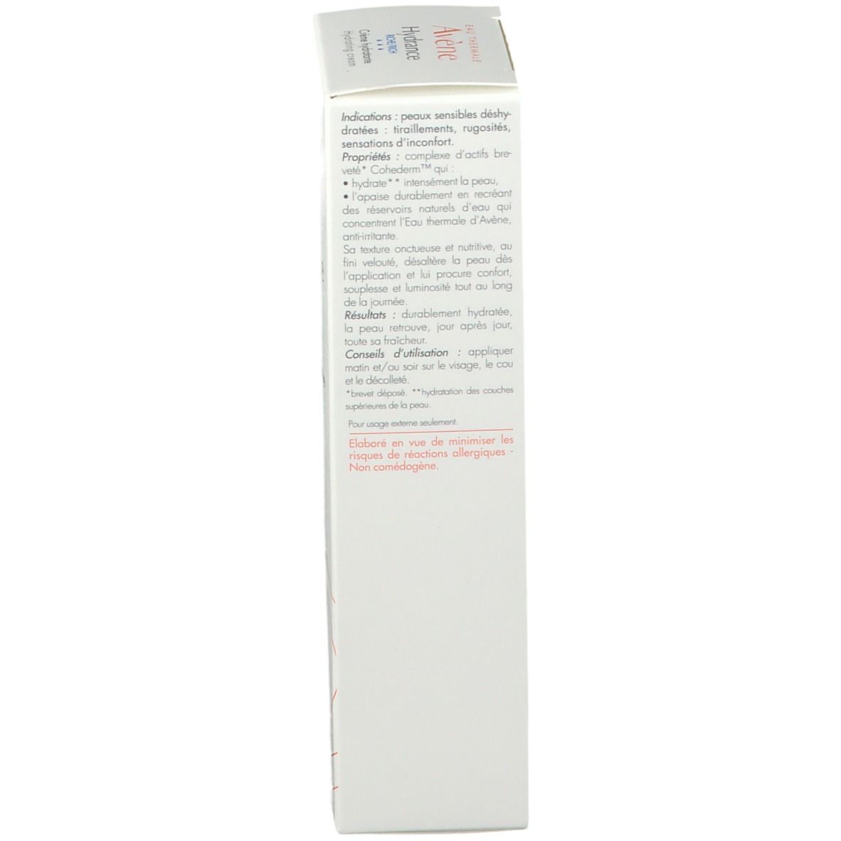 Côté de la boîte Avene Hydrance Rich. Texte : informations produit, ingrédients et instructions d'utilisation.