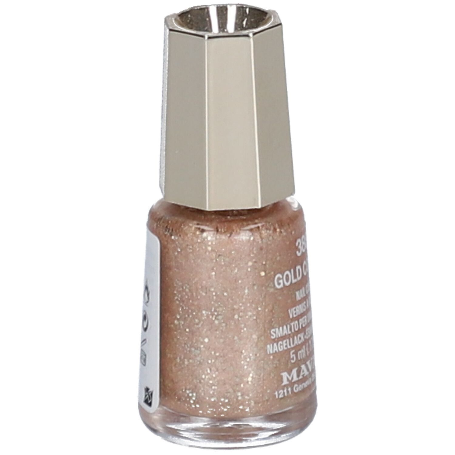 Flacon de vernis à ongles doré et bouchon argenté. Inscription: 388 Gold Cosmic, Nail Color, 5 ml. Marque MAVALA.