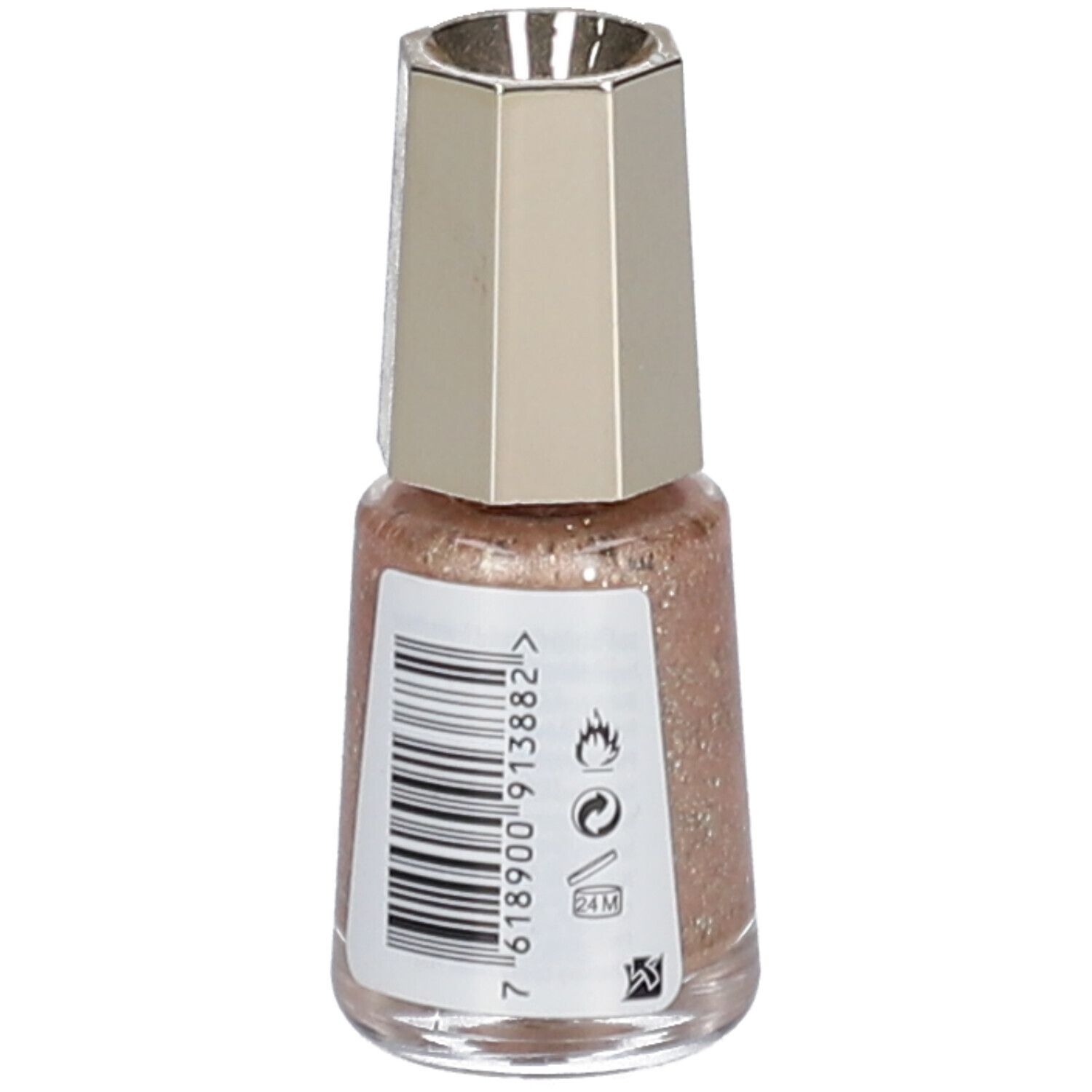 Flacon de vernis à ongles doré et bouchon argenté. Verso avec code-barres et symboles. Marque MAVALA.