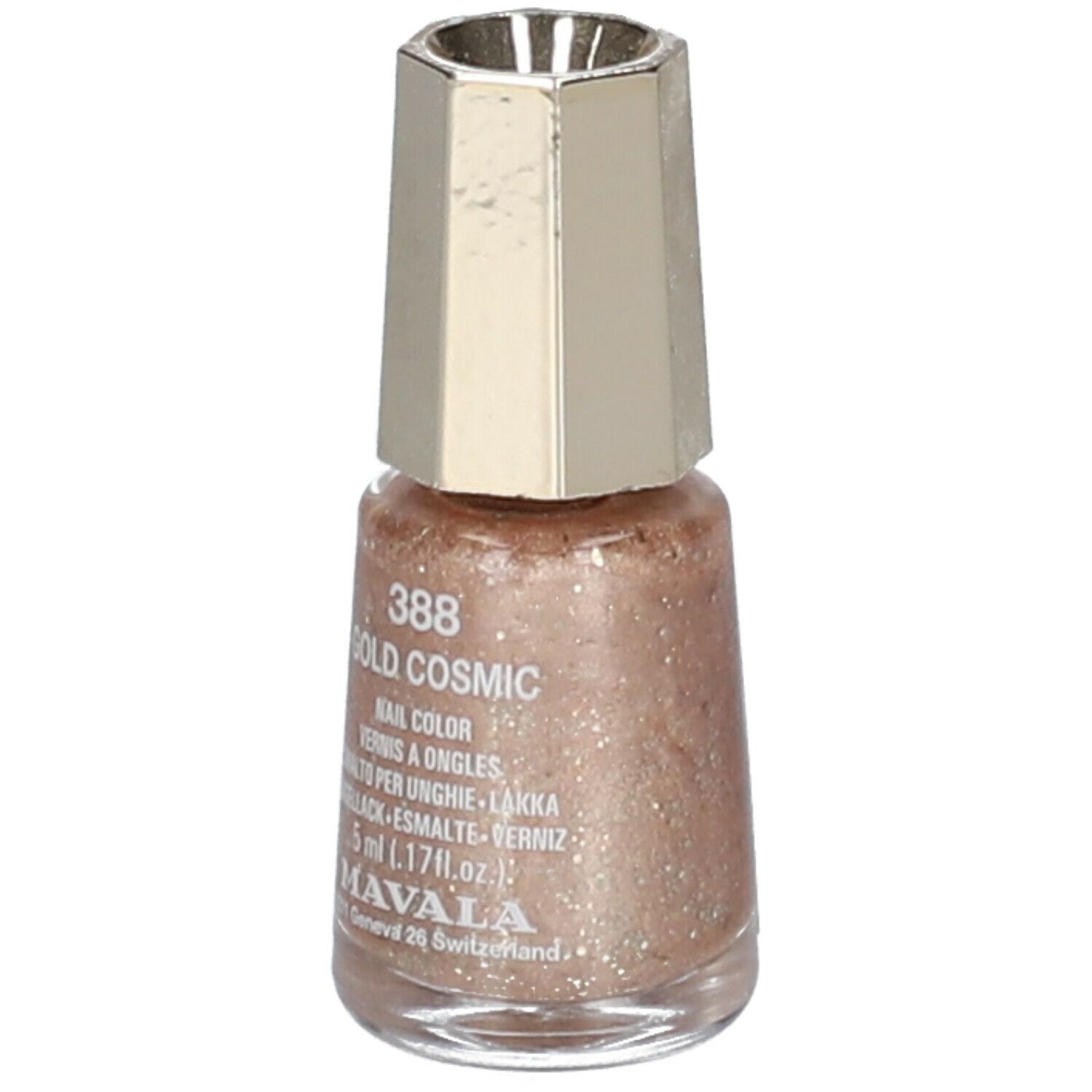 Flacon de vernis à ongles doré et bouchon argenté. Inscription: 388 Gold Cosmic, Nail Color, 5 ml. Marque MAVALA.