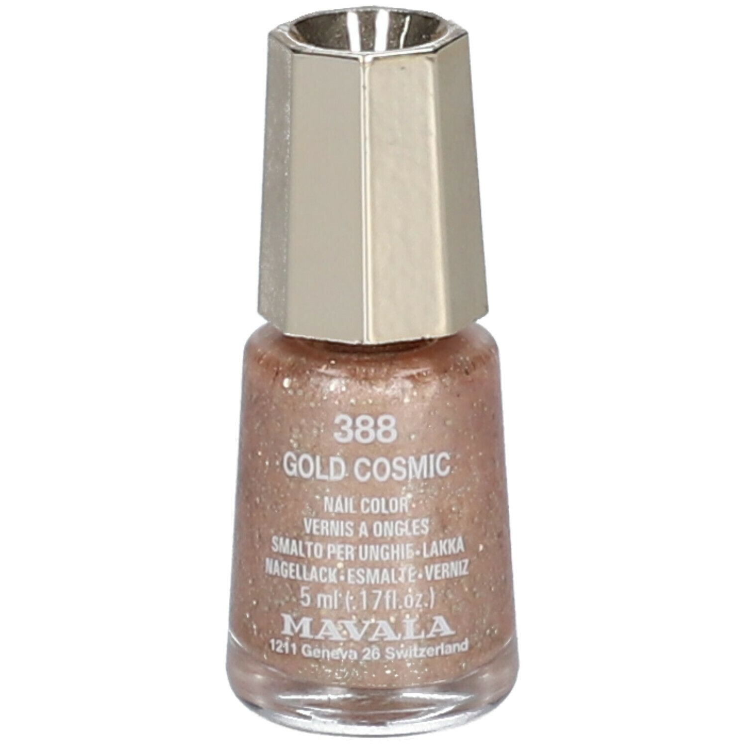 Flacon de vernis à ongles doré et bouchon argenté. Verso avec code-barres. Marque MAVALA.