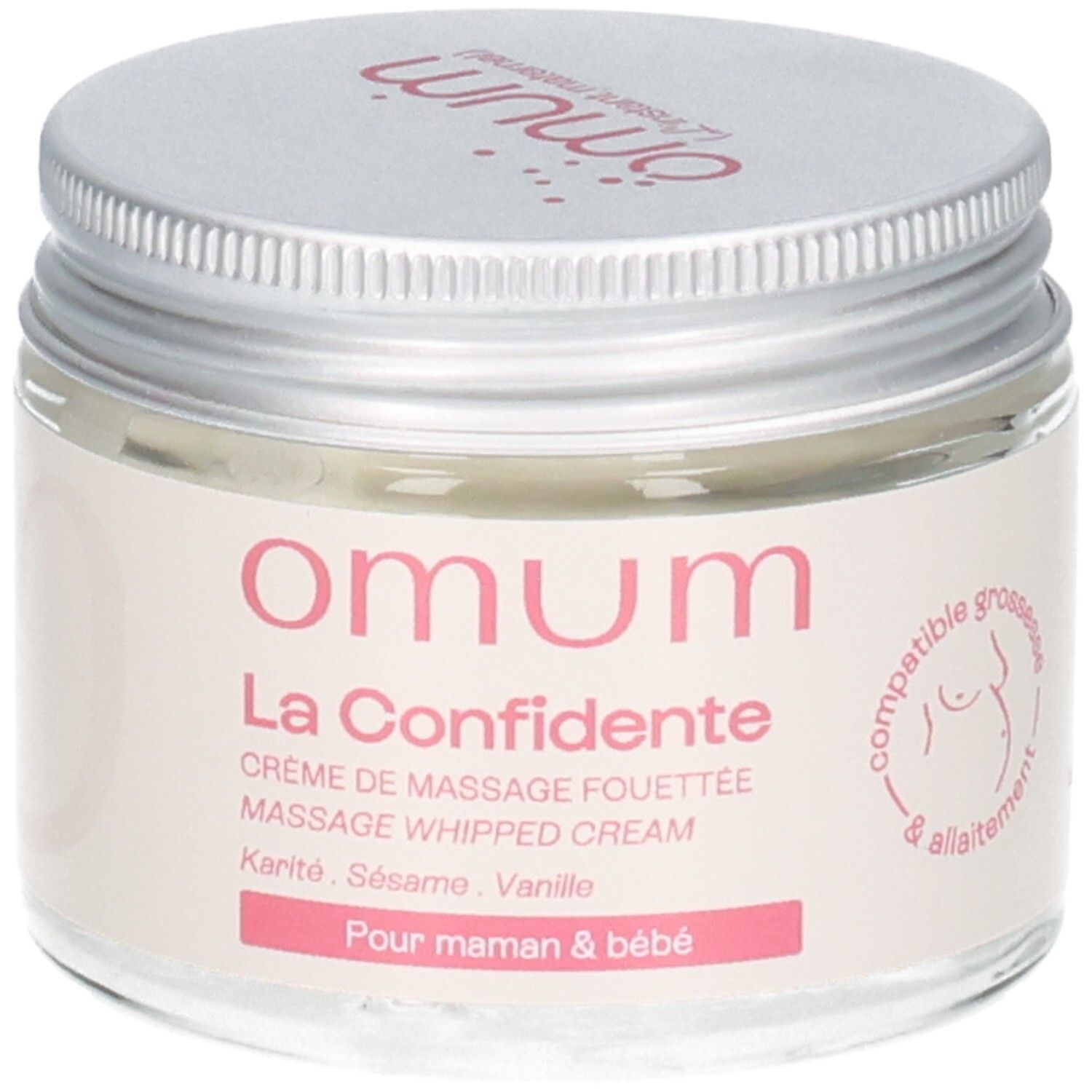 Pot en verre de crème de massage OMUM La Confidente, couvercle argenté.