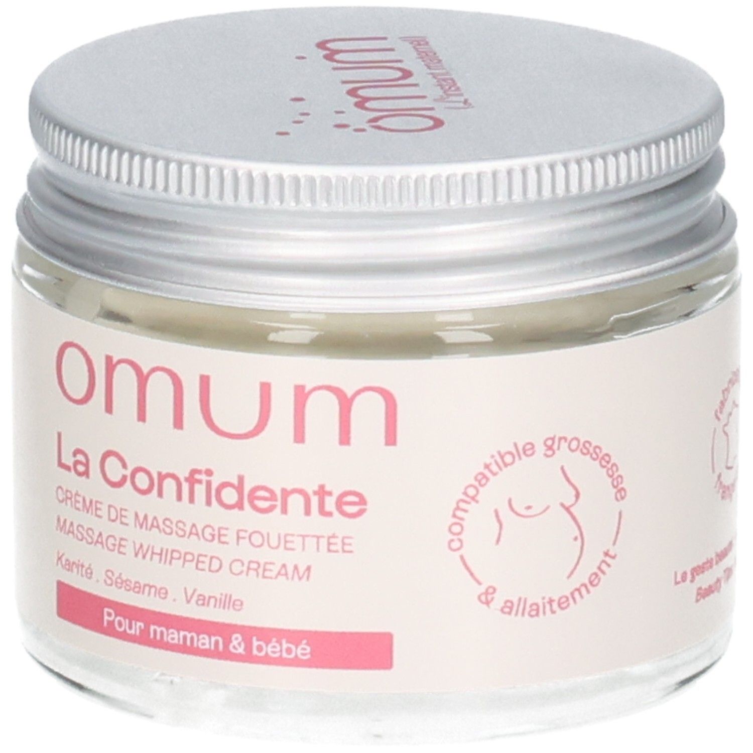 Pot en verre crème de massage OMUM La Confidente, étiquette avec détails.