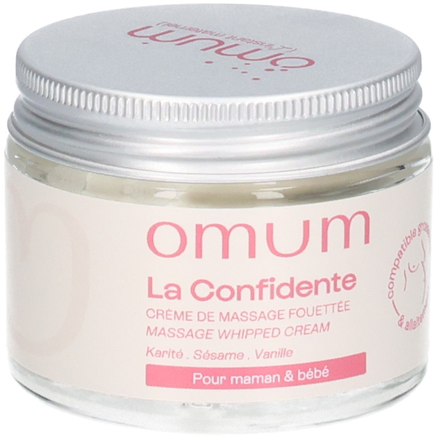 Crème de massage OMUM La Confidente en pot de verre, gros plan.