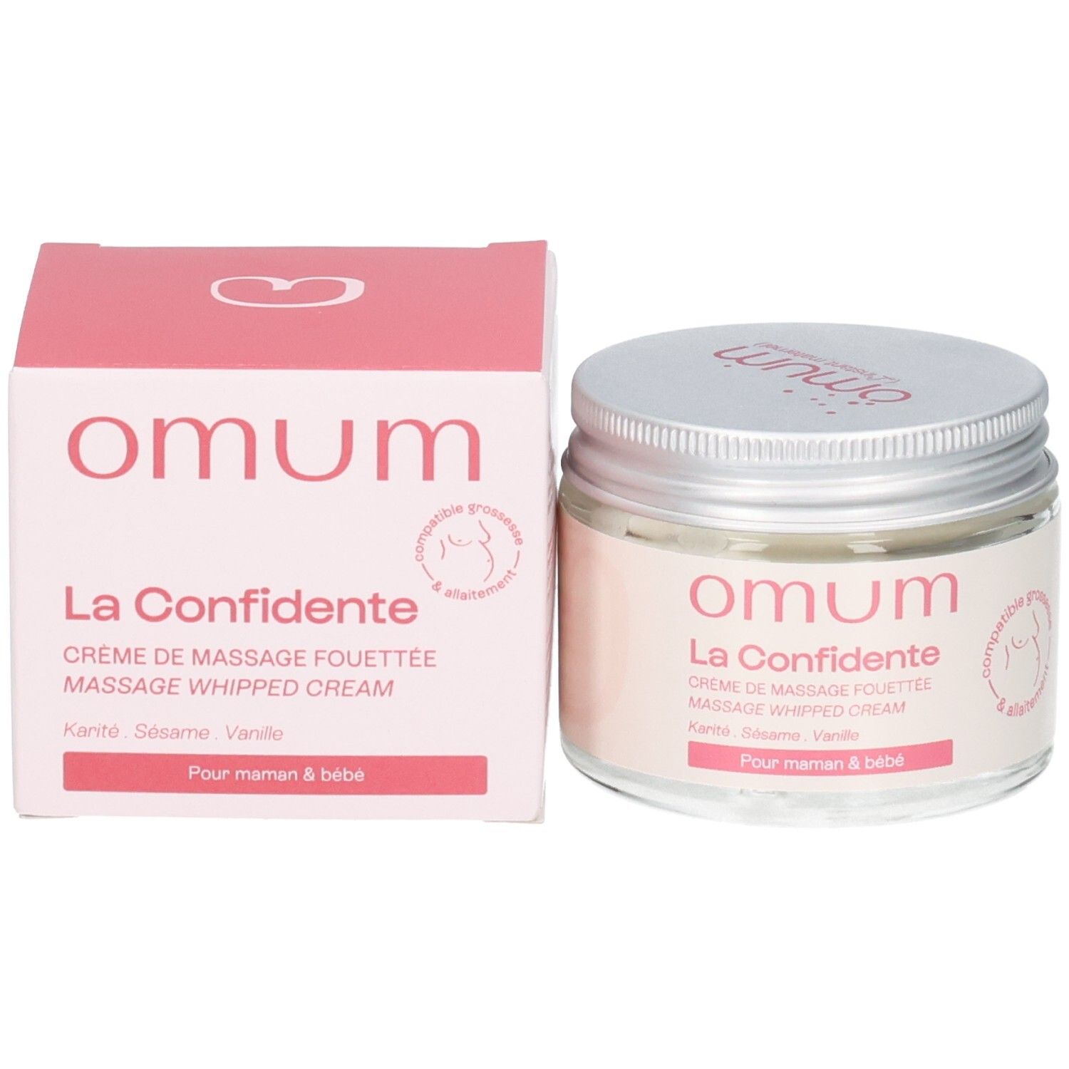 Crème de massage OMUM La Confidente et sa boîte côte à côte.