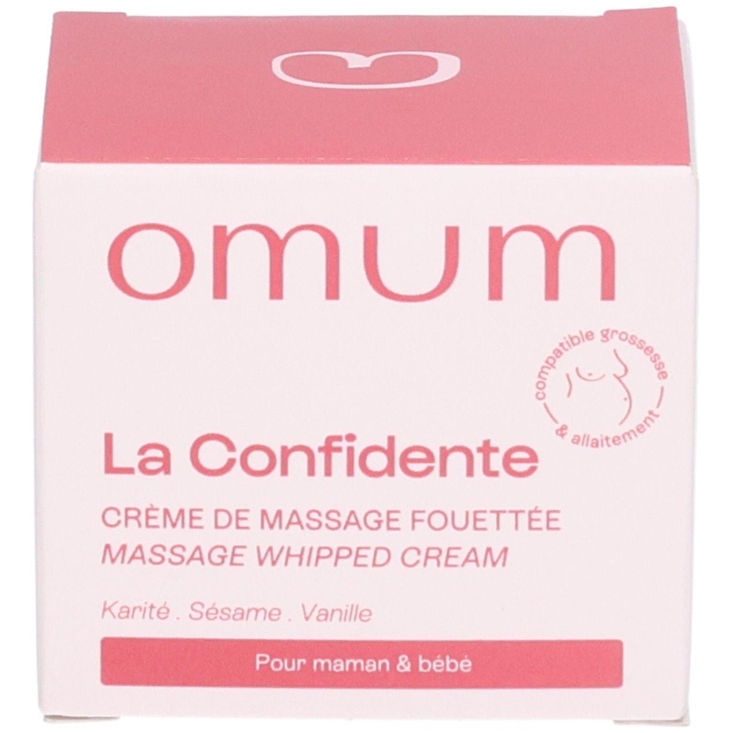 Boîte de crème de massage OMUM La Confidente, face avant.