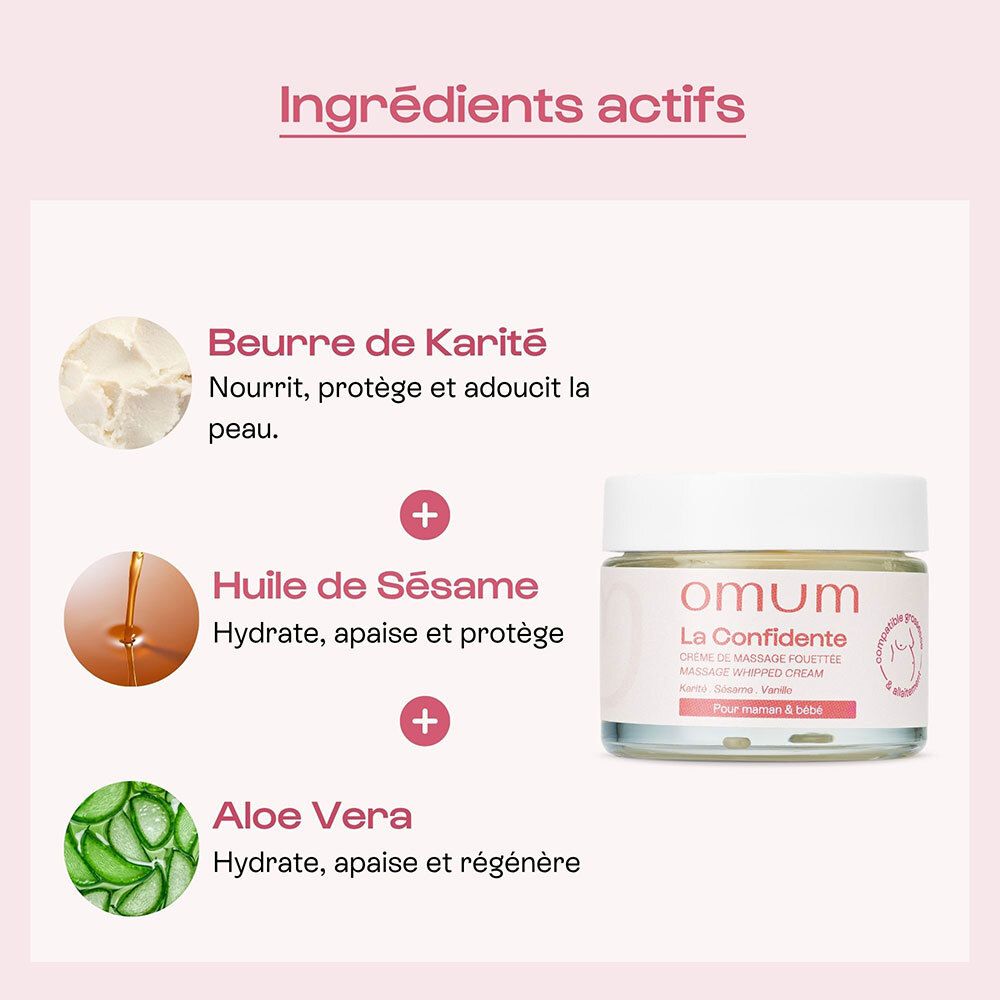 OMUM La Confidente : ingrédients Karité, Sésame, Aloe Vera pour la peau.