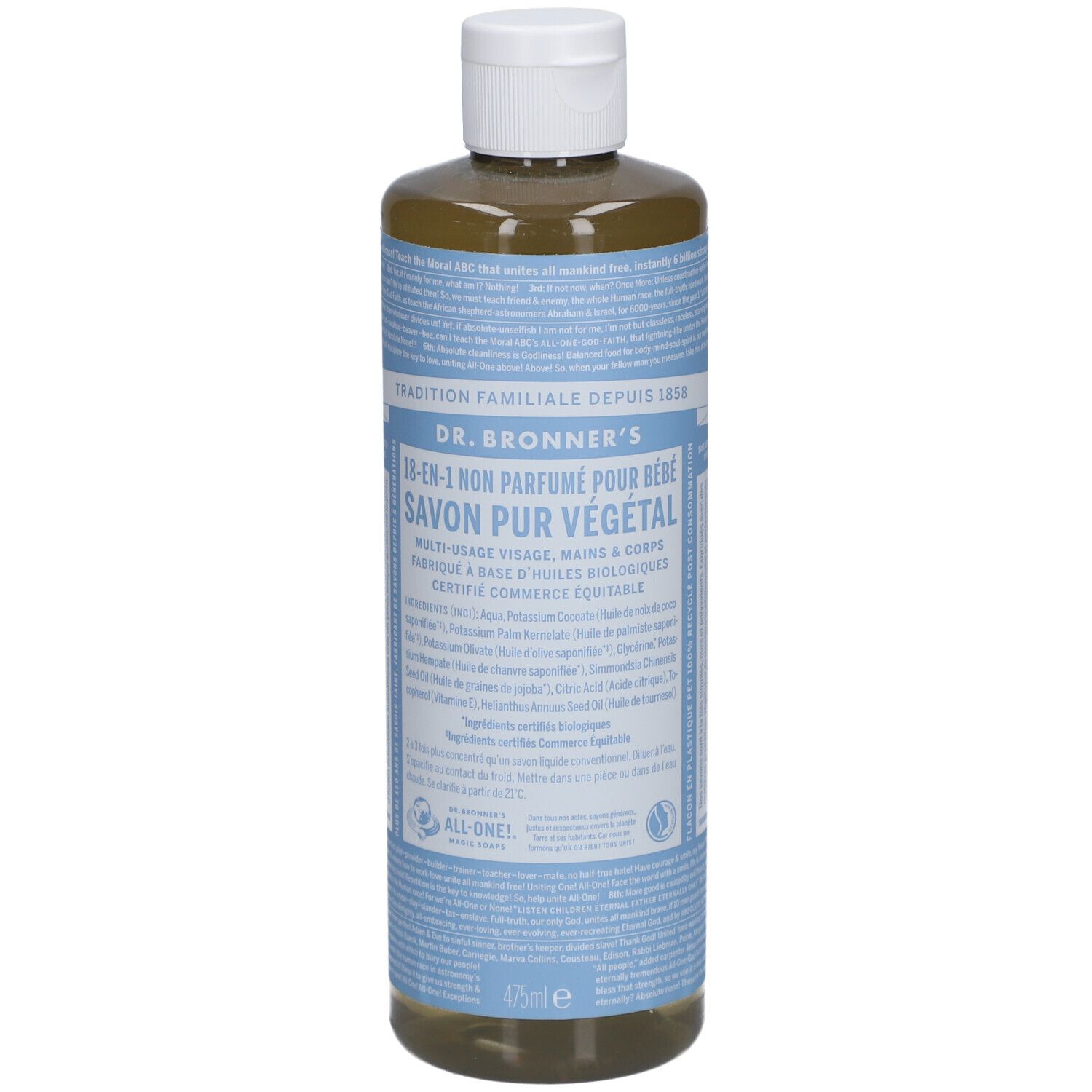 Bouteille de savon liquide avec bouchon blanc. Étiquettes bleues avec texte. "DR. BRONNER'S" et "SAVON PUR VÉGÉTAL" sont visibles.