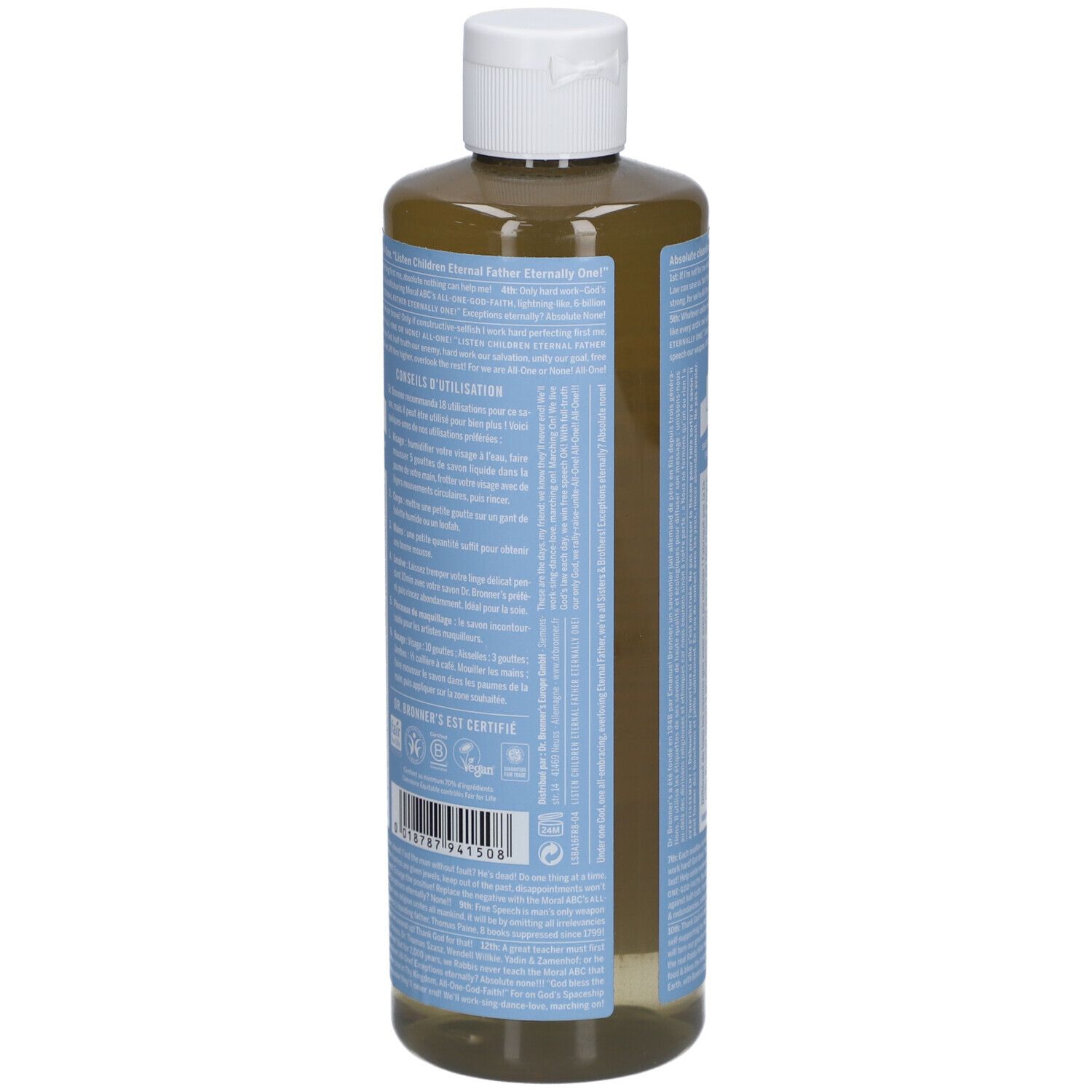 Bouteille de savon liquide avec bouchon blanc. Étiquettes bleues avec texte. Vue arrière de la bouteille.